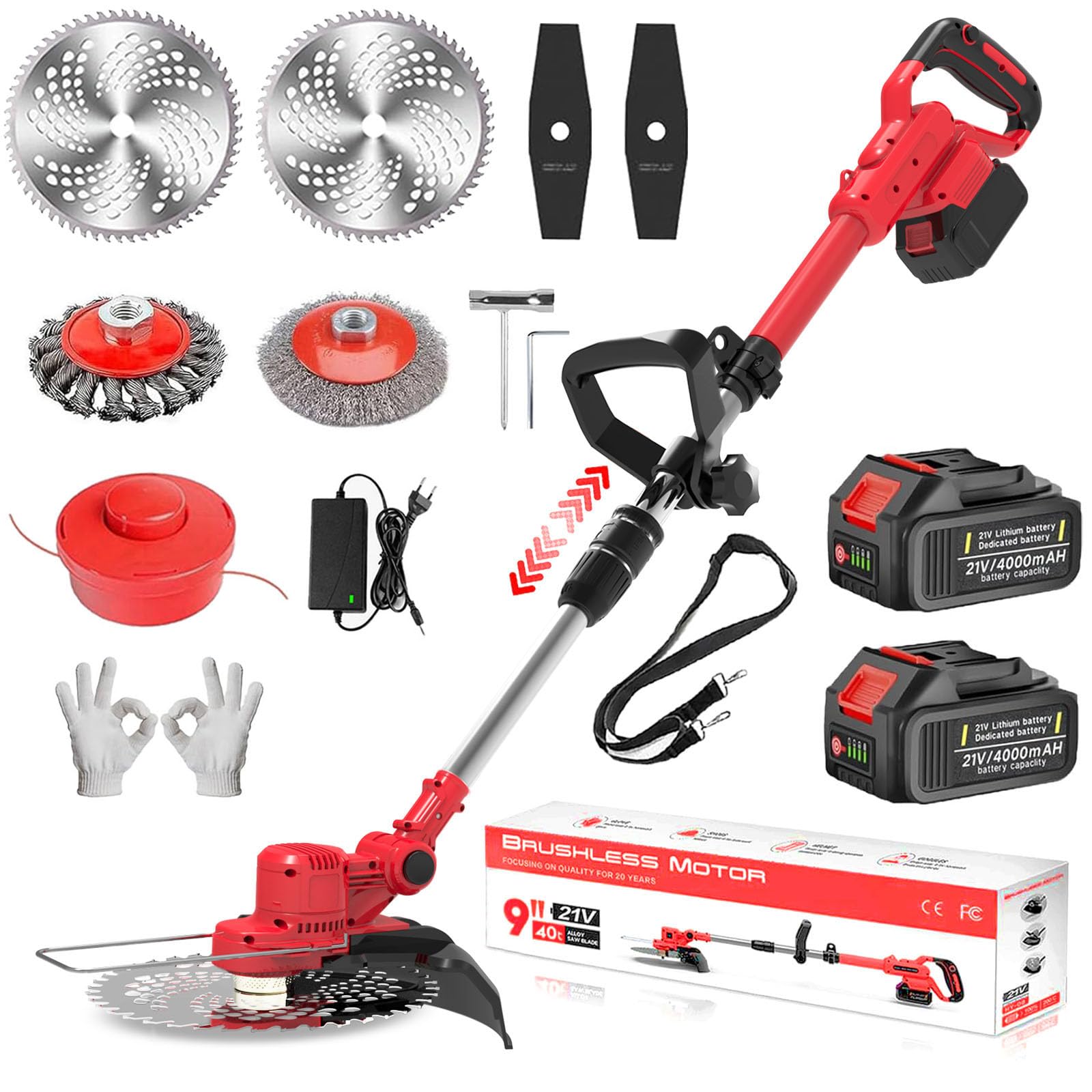 Rasentrimmer mit Akku und Unkrautbürste,21V Akku Rasentrimmer für Makita Akkus,Inkl 2X4.0Ah Akku & Ladegerät,5 Klingentypen Akku Freischneider,90° Drehkopf,für Garden Trimmen,Rot