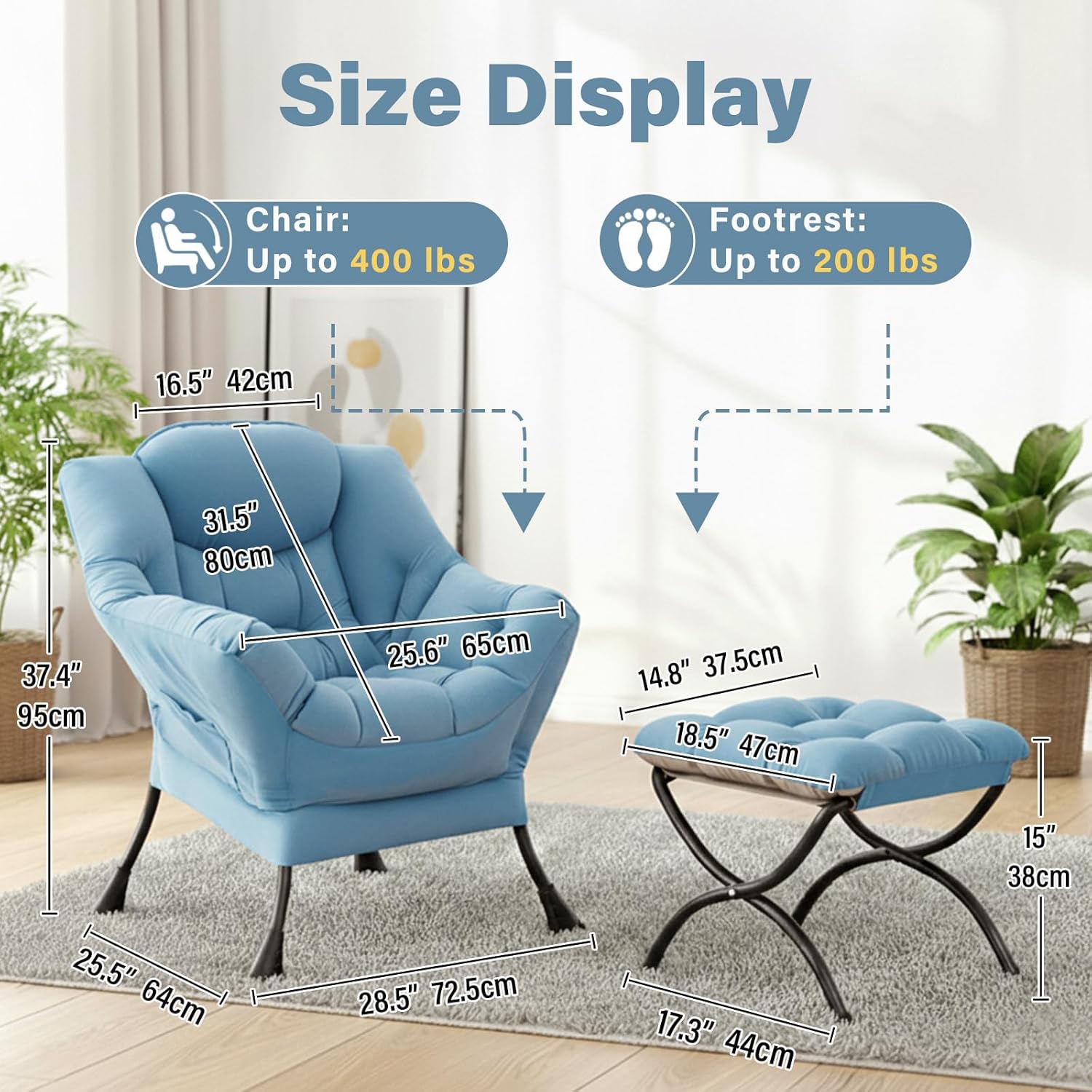 Cozy Lazy Chair and Ottoman, Large Contemporary Velvet Blue Accent Chair Set, Modern Leisure Upholstered Reading Armchair for Office, Bedroom, Living Room, Dorm Rooms, Balcony