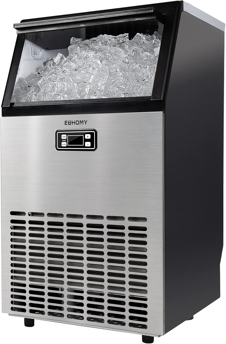 EUHOMY Commercial Ice Maker Machine - 95lbs Daily Production, 33lbs Ice Storage, Stainless Steel Freestanding & Under Counter Ice Maker, Ideal Ice Maker for Home/Bar/Restaurant/Outdoor Activities