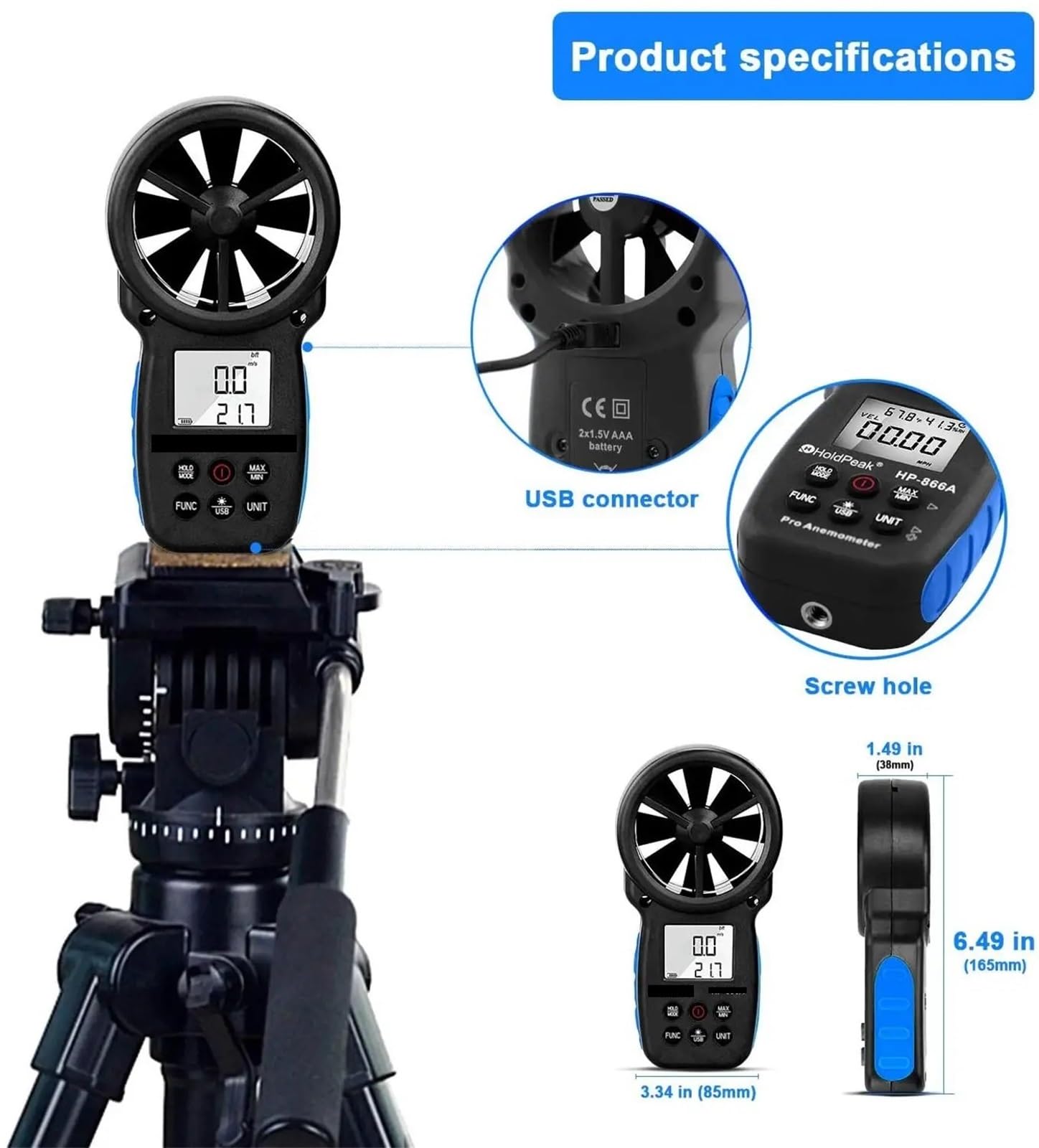 Anemometro digitale - Misuratore di velocità del Misura velocità del, temperatura, flusso del con memorizzazione dati e USB