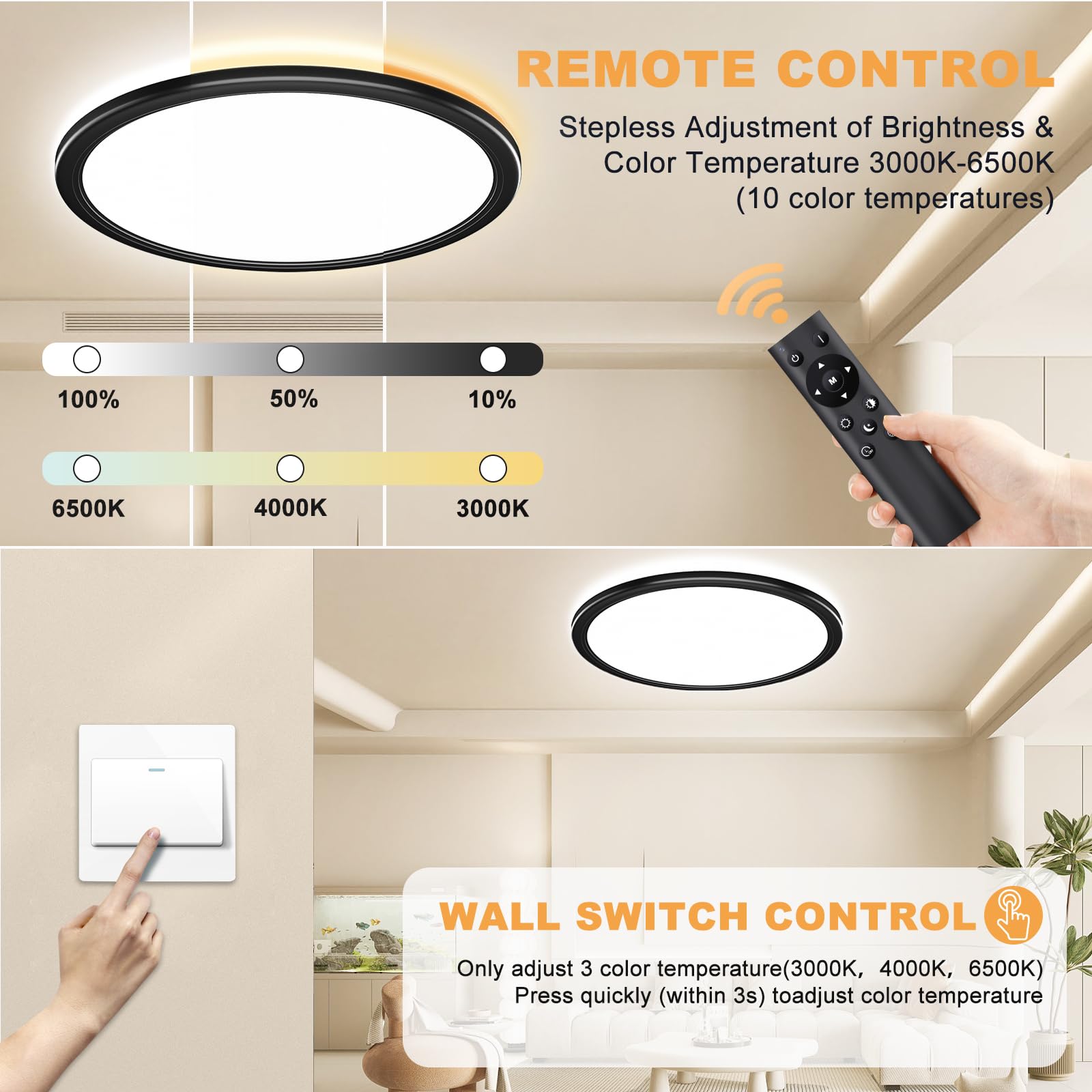 OUILA Ø30cm Dimmerabile Lampadario con Telecomando, 24W Plafoniera Dimmerabile 3000K-6500K Plafoniera LED Soffitto 2400LM Plafoniere per Soggiorno Camera da Letto Cucina Bagno (Nera, 2 Pezzi)