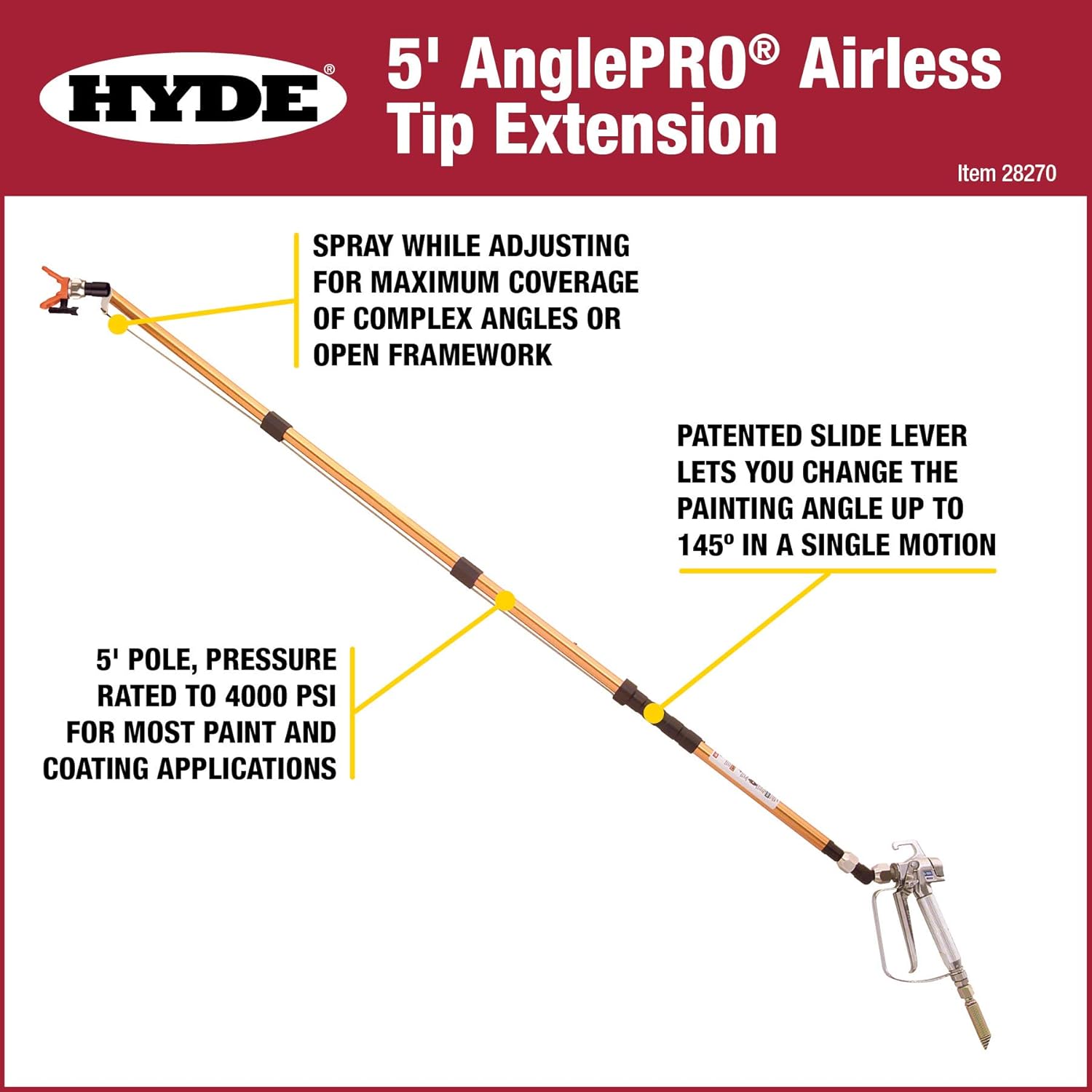 Hyde 28270 AnglePro Spray Tip Extension with pivoting tip, 5-Feet