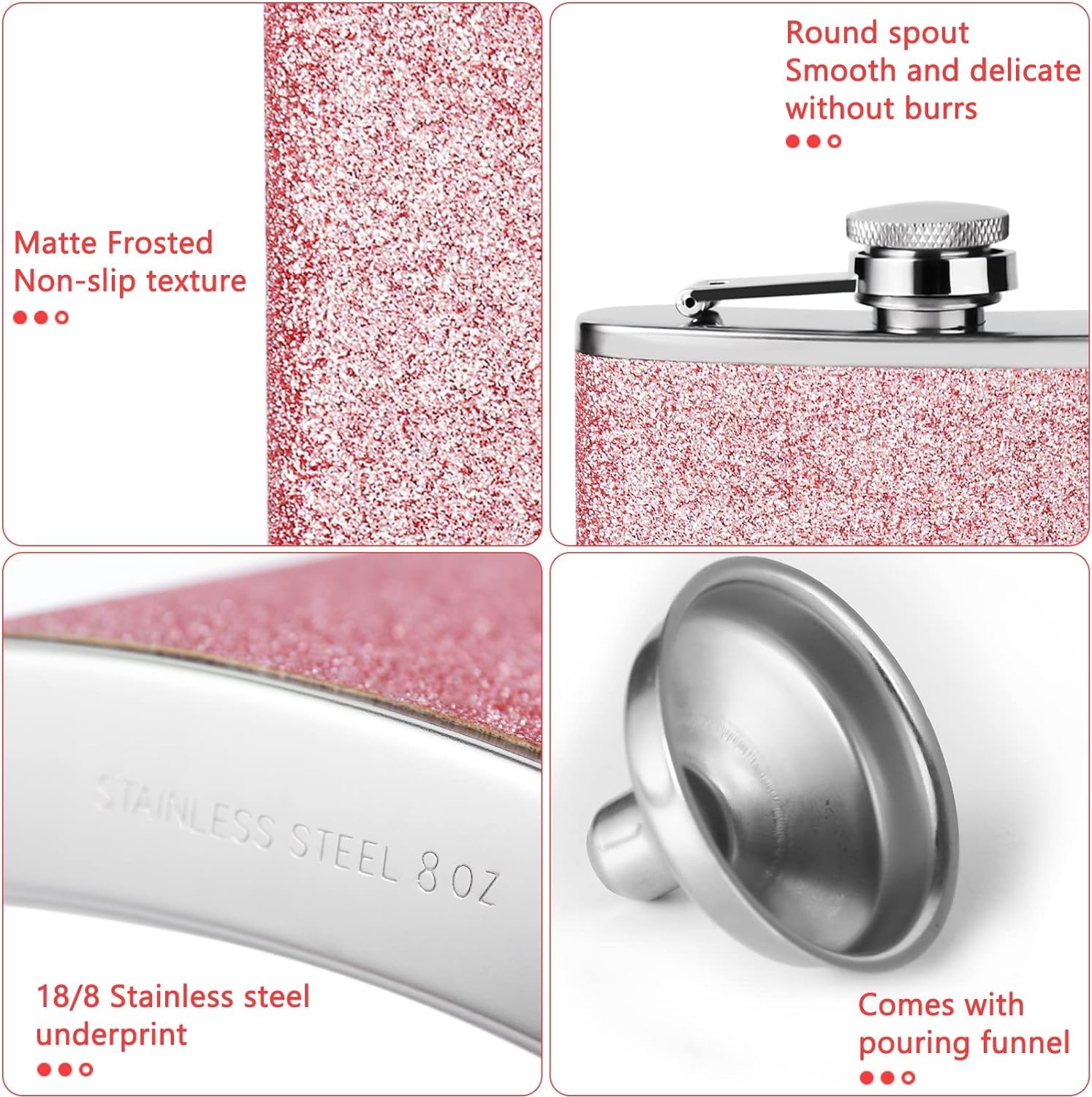 Fiaschetta Rosa Glitter Per Donna In Acciaio Inox - 8oz, Con Imbuto E 2 Bicchieri, Portatile Per Escursioni E Feste