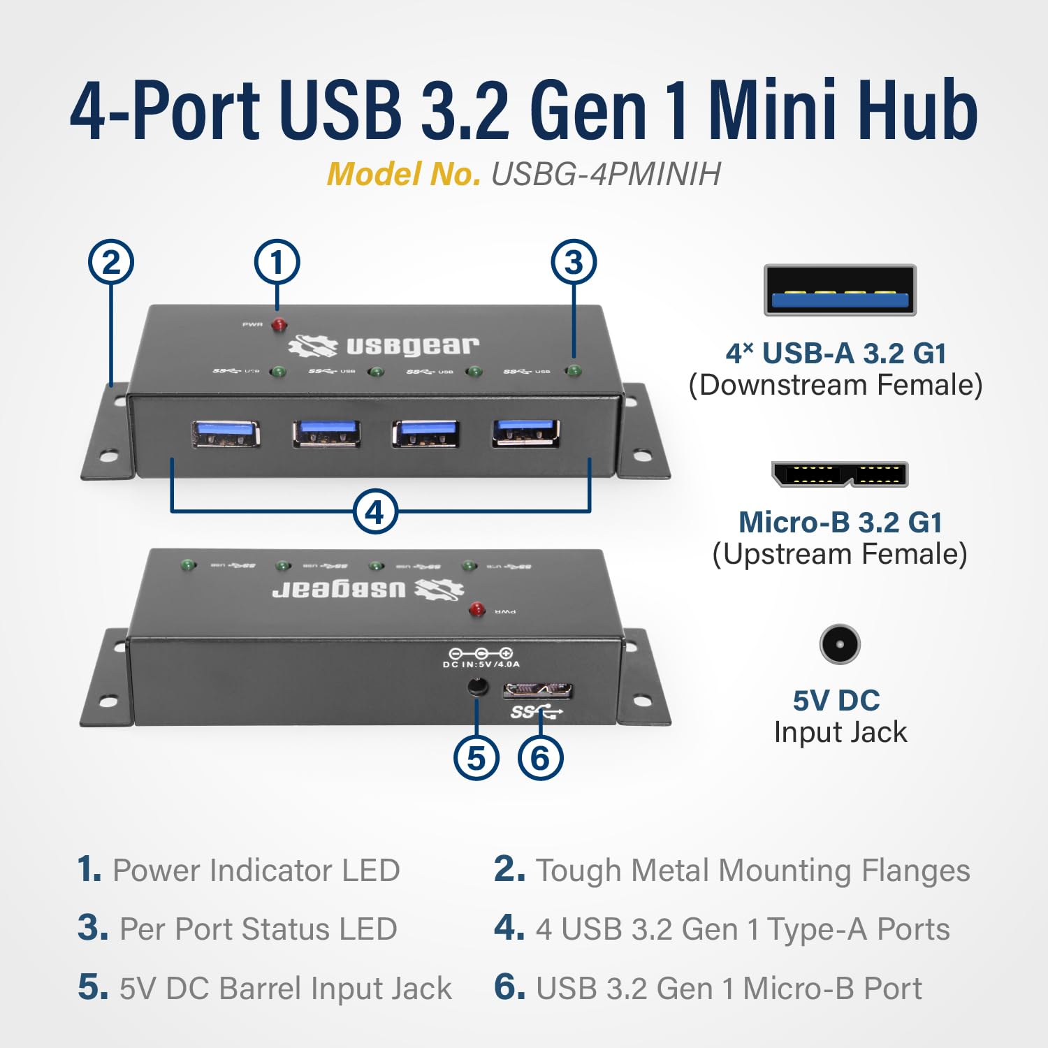 USBGear energía 4 puertos USB 3.0 Hub Super Speed Metal caso