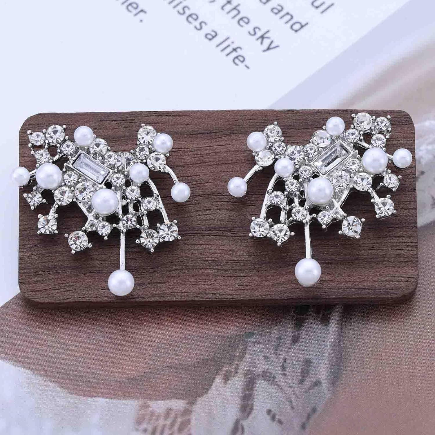 Vintage Pearl Crystal Cluster Earrings Silver Rhinestone Stud Earrings Tiny Cz Pearl Earrings Wedding Crystal Earrings Jewelry for Women - Image 7
