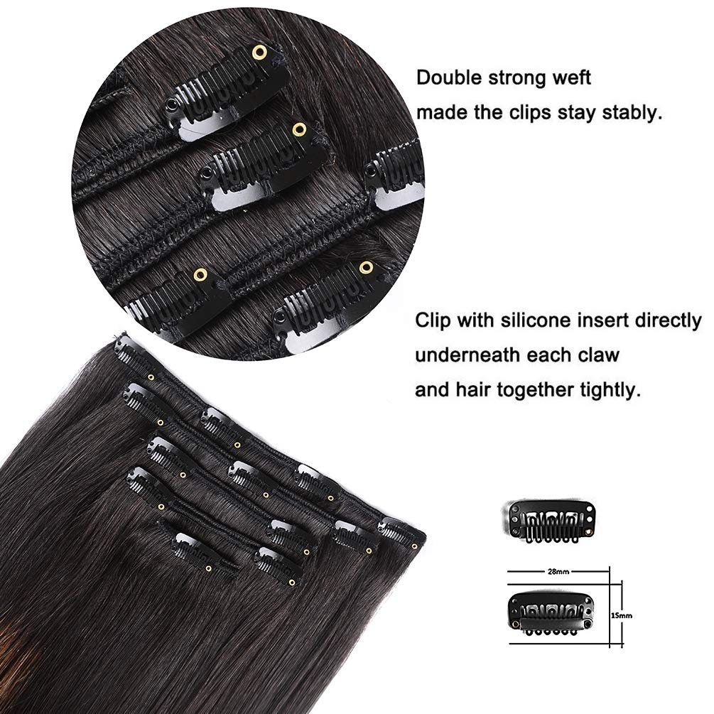 5 Pieces 16" Remy Clip in Hair Extensions Human Hair Natural Black to Chestnut Brown Highlight Black Ombre - Silky Straight Short Thick Real Hair Extensions for Women (16 inches, #(1BT6) P1B, 80grams)