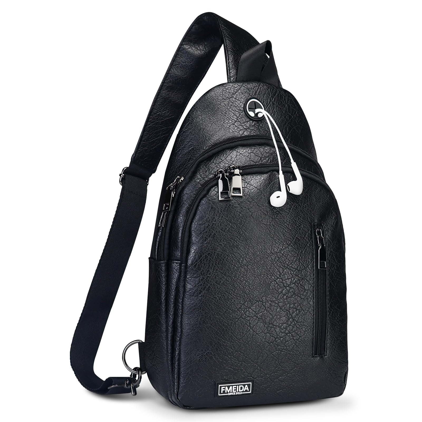 FmeidaSling Bag for Women Men, Leather Cross Body Chest Bags, Multi Pocket Crossbody Bags for Travel Shopping Hiking, Black