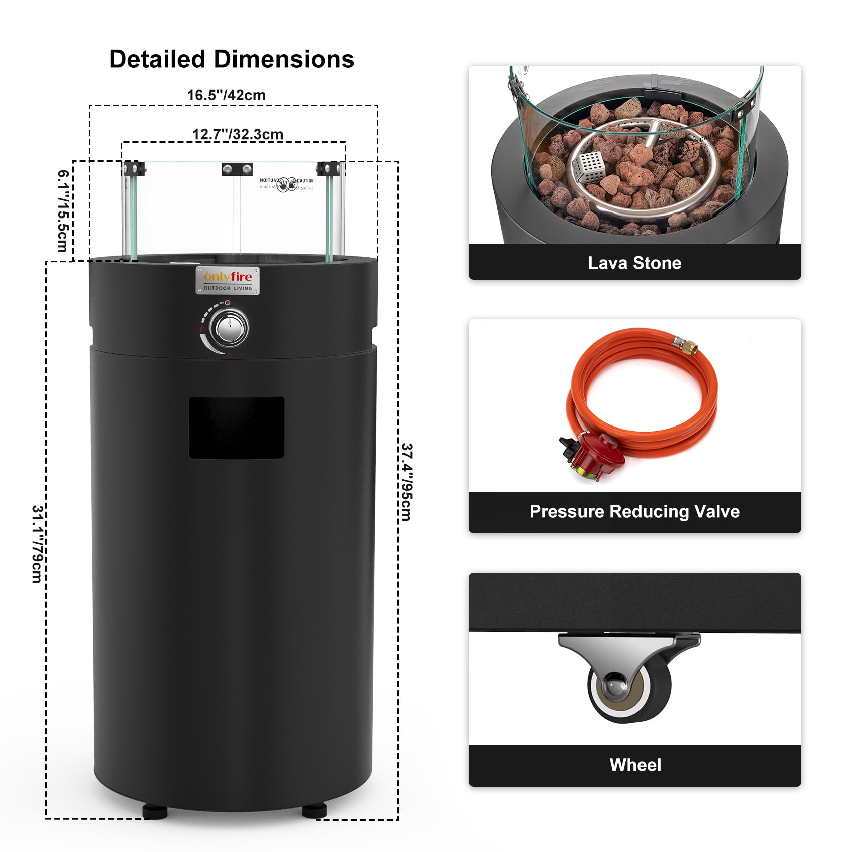 Onlyfire Fogata de gas redonda, calentador desmontable para patio al aire libre con rocas de lava, protector de viento de vidrio y ruedas, para patio, patio trasero, restaurante al aire libre, 6,85 kW