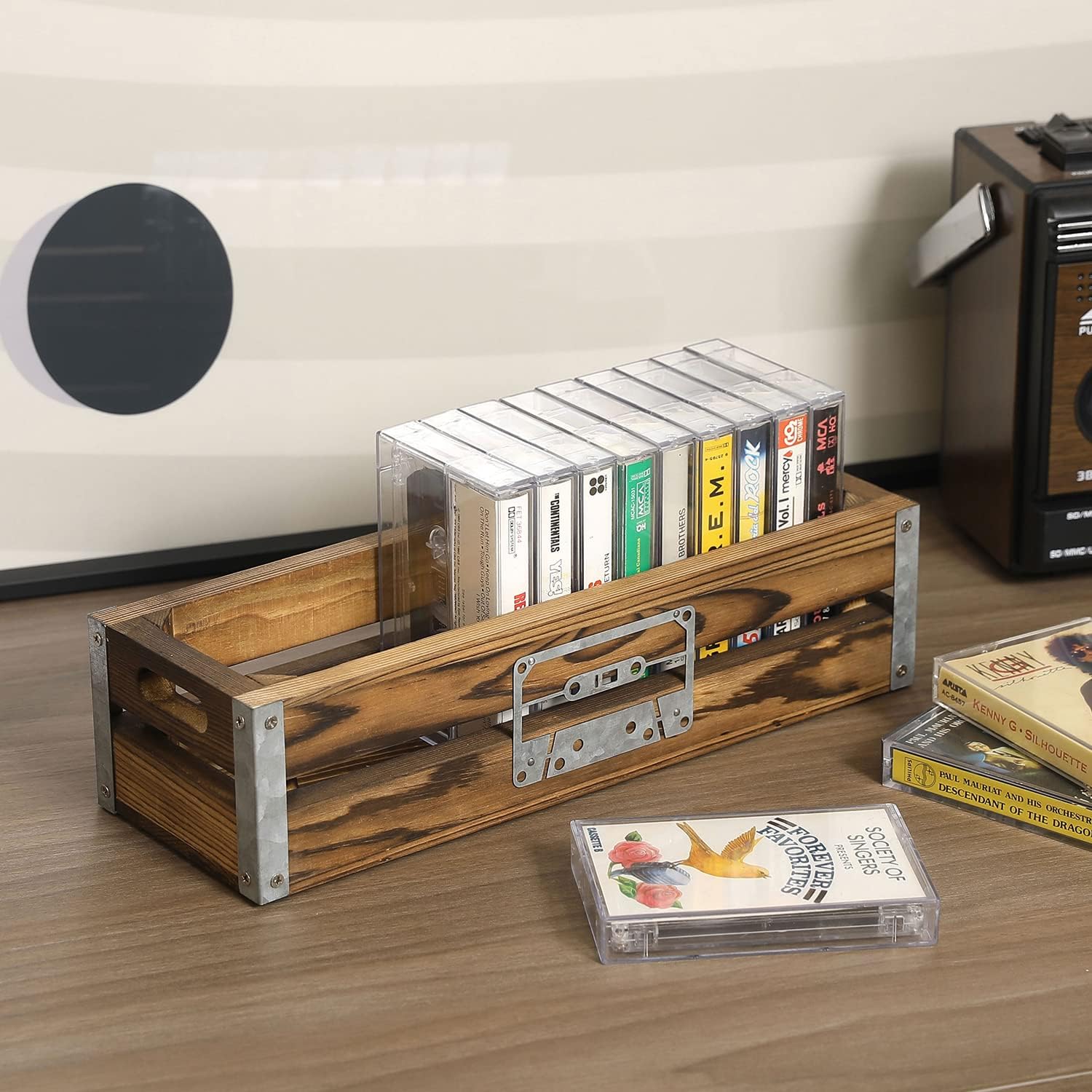 MyGift Rustic Burnt Wood Retro Audio Cassette Tape Holder Storage Crate with Galvanized Metal Accents and Cassette Cutout Design : Home & Kitchen