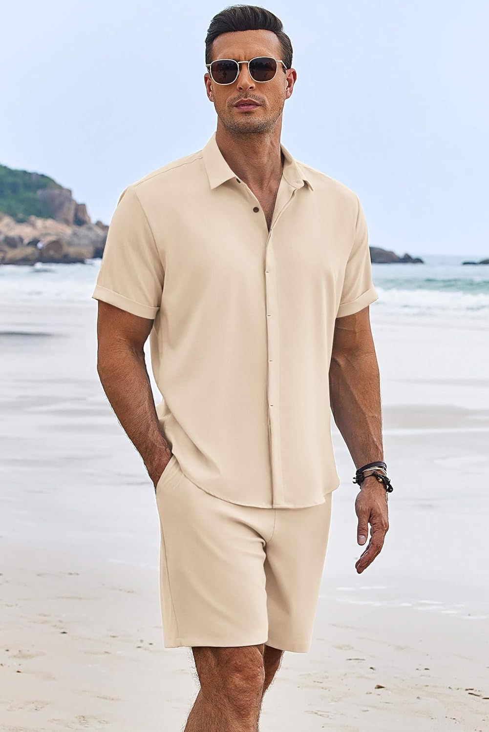 COOFANDY Men's Summer Beach Outfits 2 Piece Short Sleeve Shirts and Shorts Vacation Texture Linen Sets for Men - Image 3