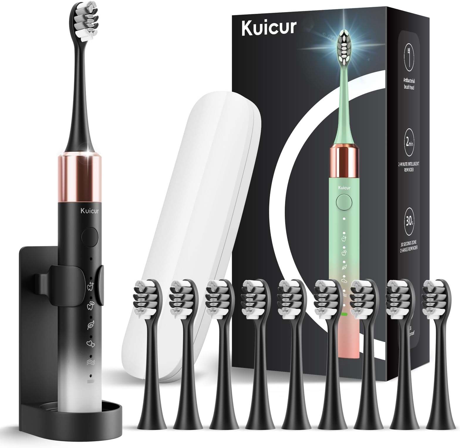 Kuicur Electric Toothbrush for Adults and Kids, Comes with 10 Brush Heads & Travel Case, 5 Modes with 2 Minutes Built in Smart Timer, One Charge for 90 Days, 42,000 VPM Motor