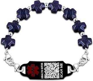 Uloveido Free Engraving Medical Alert Bracelet | Natural Stone Greek Cross First Responder Jewelry for Life-Saving | Stainless Steel DIY ID Tag Emergency Wristband for Men Women