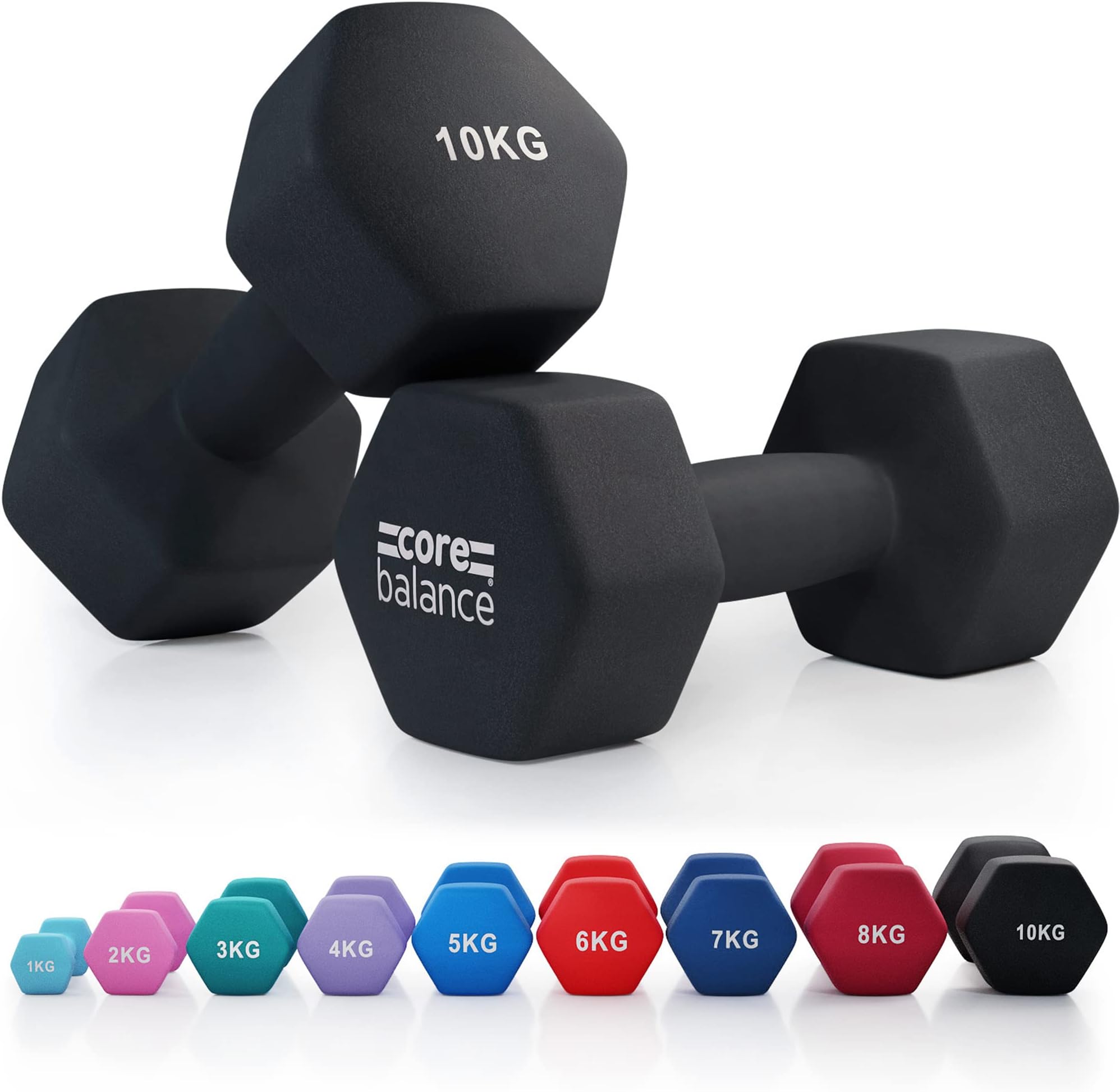 Core Balance Dumbbell Pair Hex Weight Neoprene Coated Cast Iron Strength Training (2 x 1kg, 2kg, 3kg, 4kg, 5kg, 6kg, 7kg, 8kg, or 10kg)