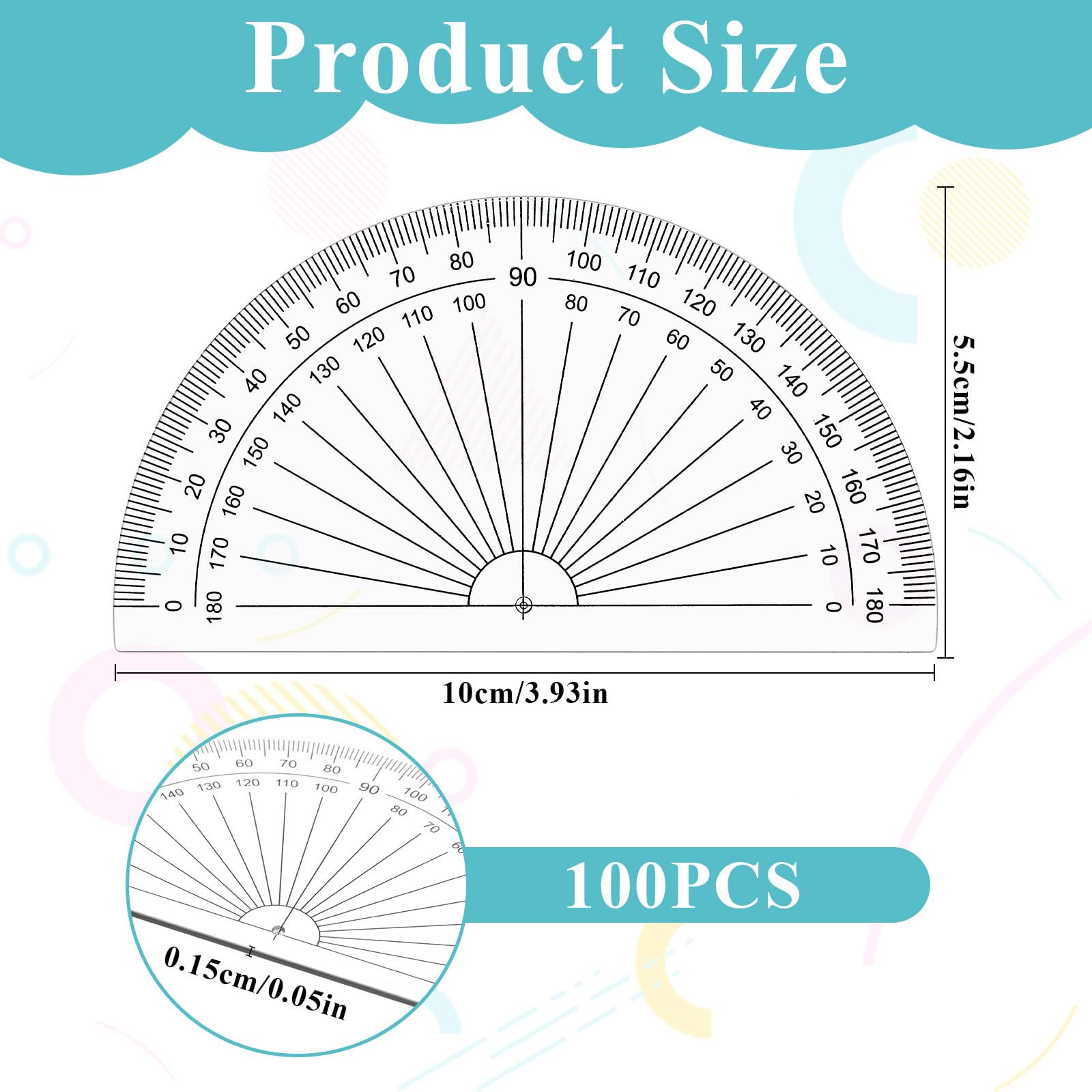 Lot de 100 rapporteurs mathématiques en vrac en plastique transparent à 180 degrés pour mesurer l'angle, 10,2 cm
