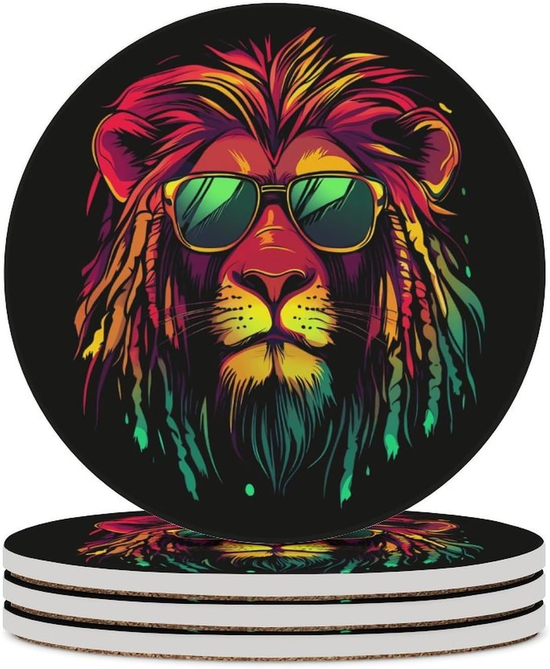Jamaican Reggae Rasta Lion Funny Round Ceramic Coasters for Drink Absorbent Cup Holders Tabletop Protection