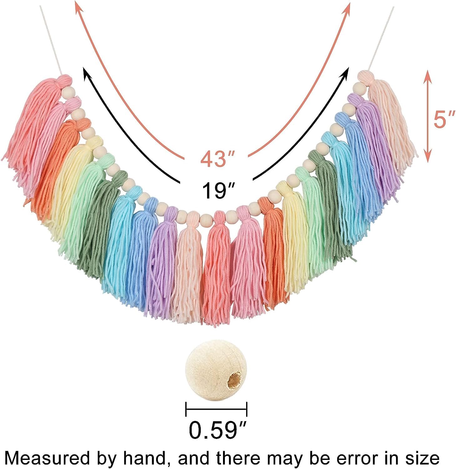 Pastel Rainbow Tassel Garland - Boho Tassel Garland with Wood Beads - Wall Decor for Dorm, Girls Room and Nursery Room for Home Party Baby Shower Supplies(D)
