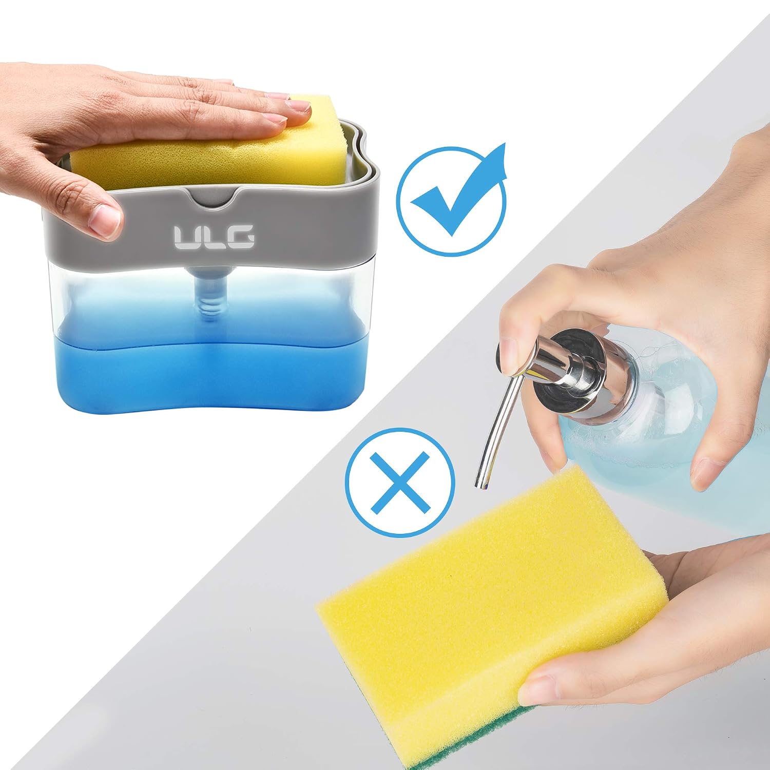 Dish Soap Dispenser for Kitchen, ULG Soap Pump Dispenser and Sponge Holder, Plastic Dishwashing Liquid Dispenser with Silicone Drain Pad, Sink Countertop Organizer