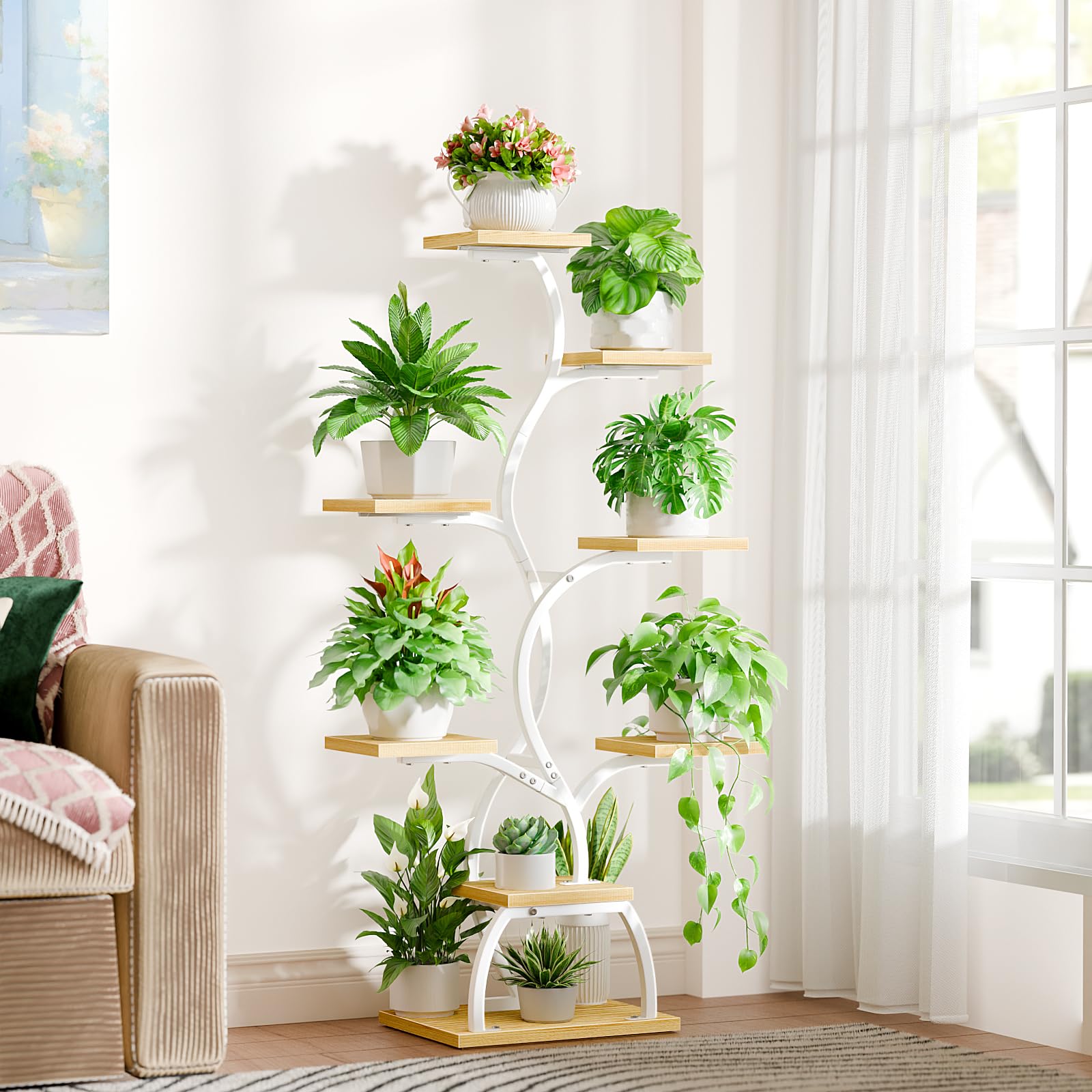 BACEKOLL Soporte para plantas con luz de crecimiento - 8 niveles, soporte para flores de 124 cm, metal y madera, estantería para plantas - Escalera de flores para interior y exterior - Blanco