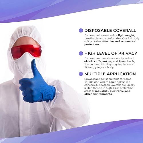 Miniatura 3 de AMZ Medical Supply Overol desechable para hombres y mujeres, XL, paquete de 5 trajes blancos desechables con capucha, puños elásticos, tobillos, SMS