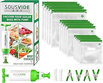 SOUSVIDE ART 37pcs Reusable Vacuum Seal Bags with Vacuum Sealer - 30 Cooking and Storage Bags of 3 Sizes with Pump and Sous Vide Cooker Accessories - Food Safe Kit, Keeps Food Fresh