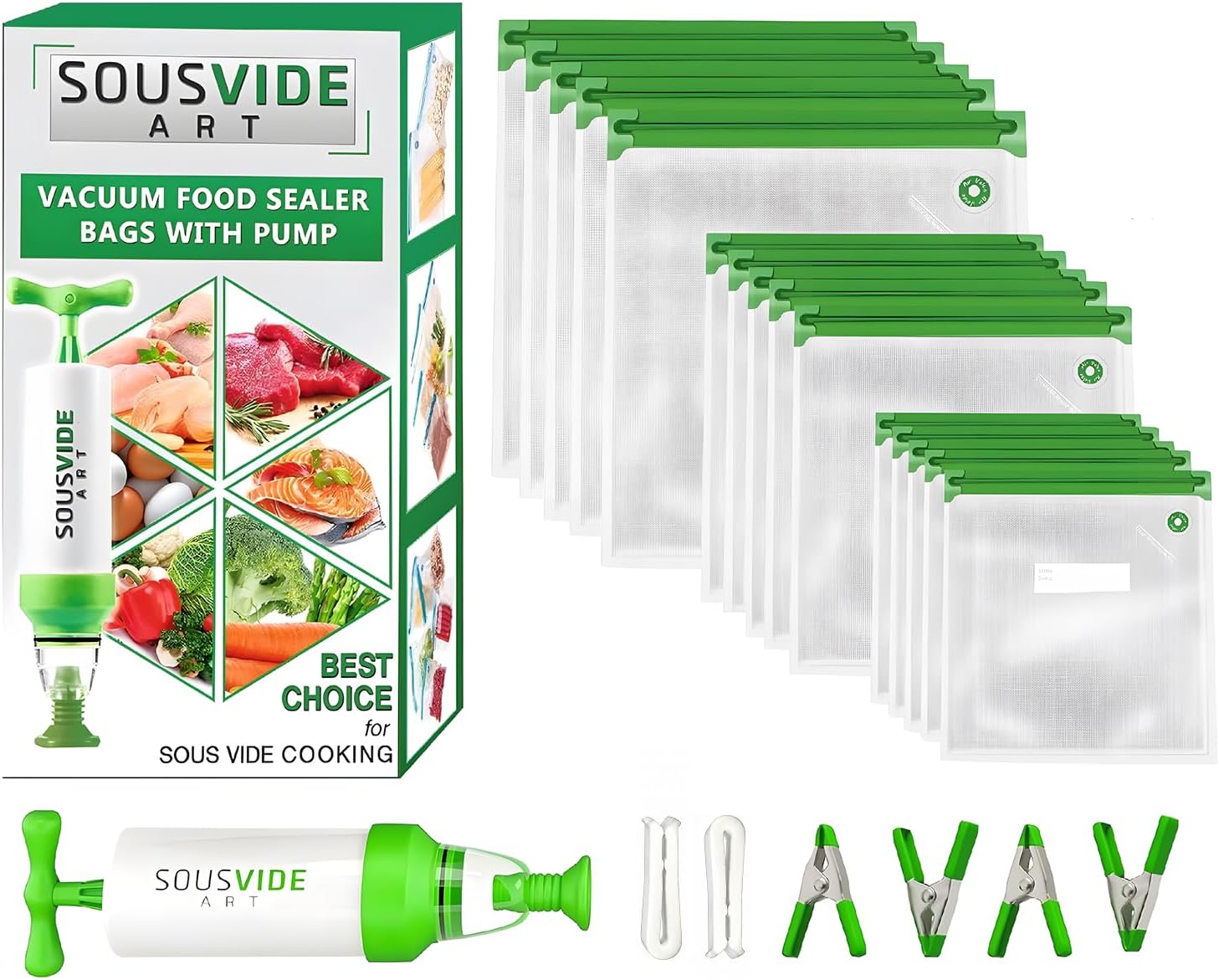 SOUSVIDE ART Sous Vide Cooker Kit | ALL-IN-ONE | 800W Machine | 30 Bags | Clips | Vacuum Pump | Cookbook | Precision Temperature | Digital Timer (Reusable Bags)