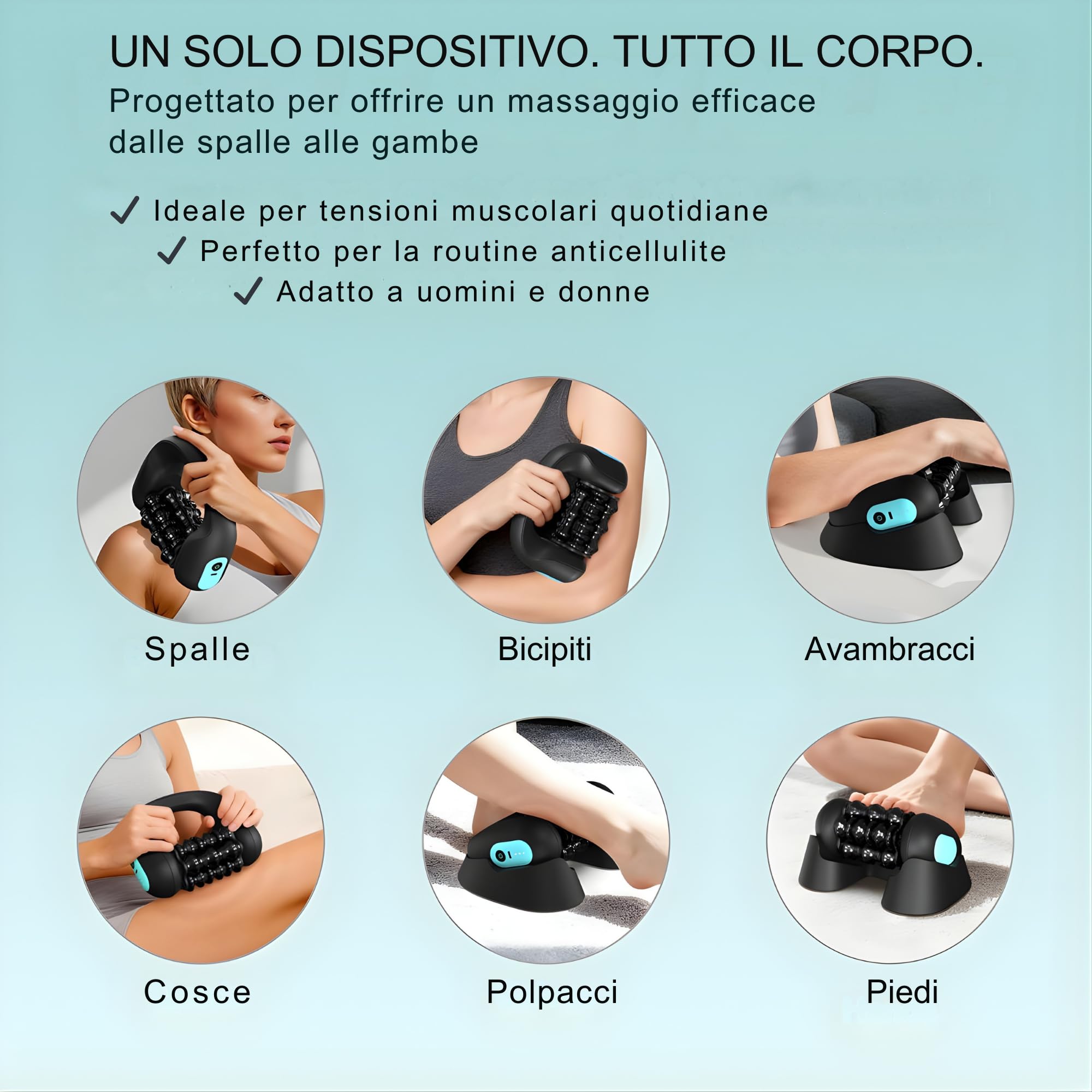Massaggiatore Elettrico Anticellulite Percussivo – Doppia Azione Rulli + Vibrazione, Effetto Drenante e Rassodante, Riduce Tensione Muscolare, Massaggio Profondo Gambe e Corpo, Portatile