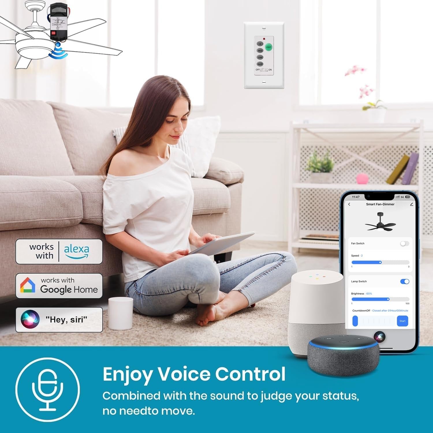 Smart Wi-Fi Ceiling Fan Wall Remote Control Kit,3-Spped Light Dimmer Replacement for Hampton Bay Harbor Breeze Hunter,Compatible with Alexa and Google Home (Wi-Fi Control Kit)