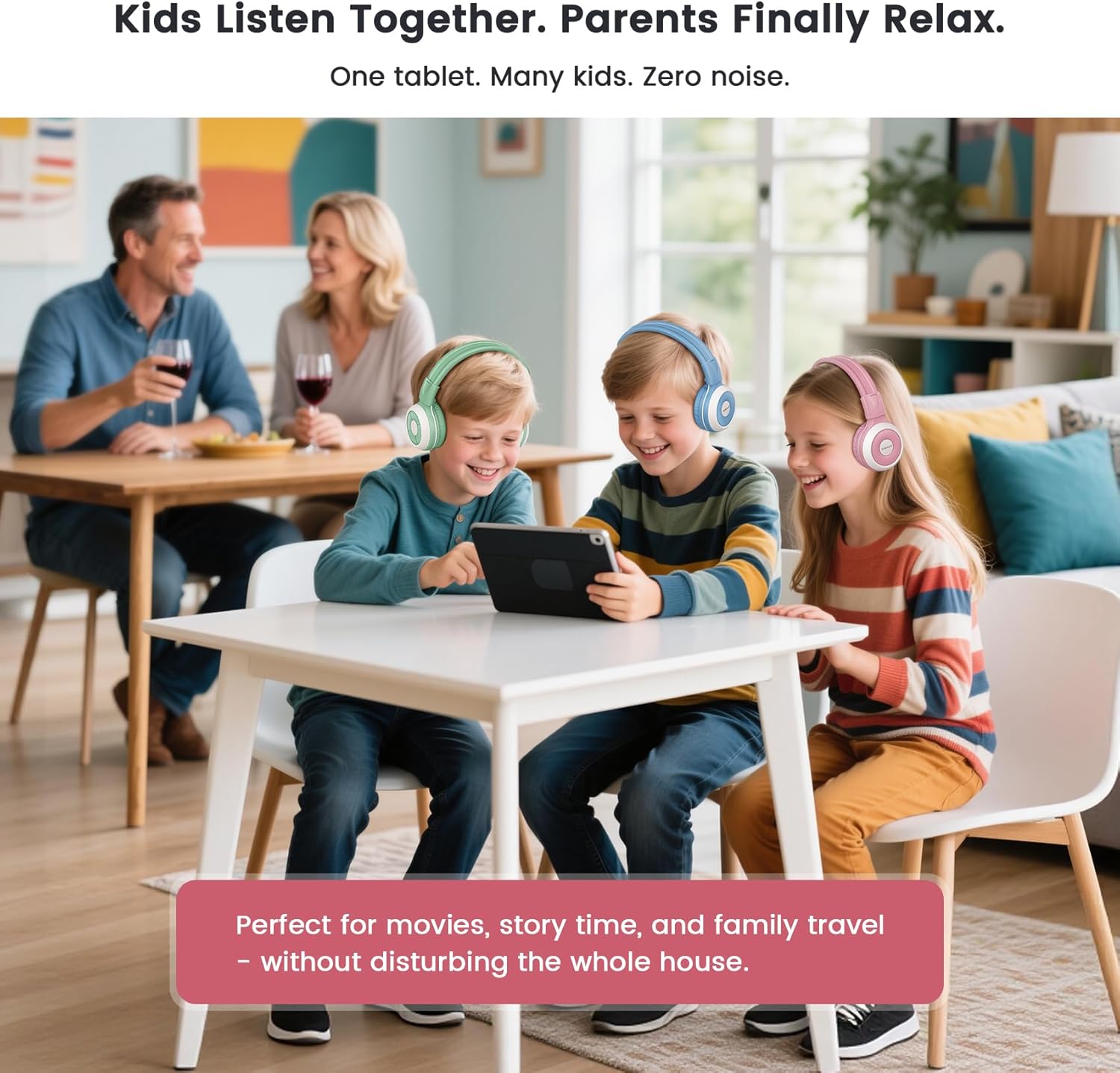 SIMOLIO Kids Bluetooth Headphones with Auracast Audio Sharing for Group Listening - Stream from One Bluetooth Device to Multiple Headphones, Foldable with Mic for School, Travel & Online Learning