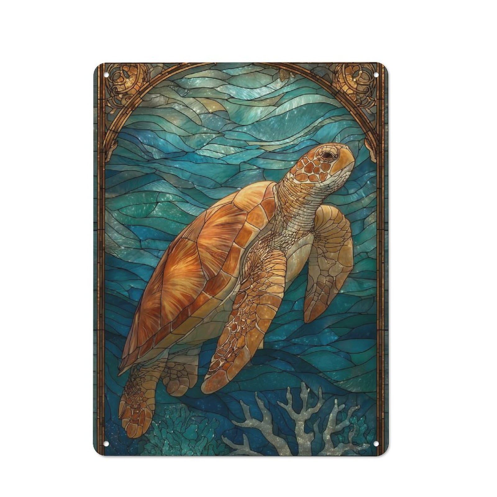 Junmoney Style-7 Ocean Life Stained Glass Art Rustic Tin Wall Plaque 40X30cm For Guest Room Or Hallway, For Garage, Workshop And Man Cave Decoration