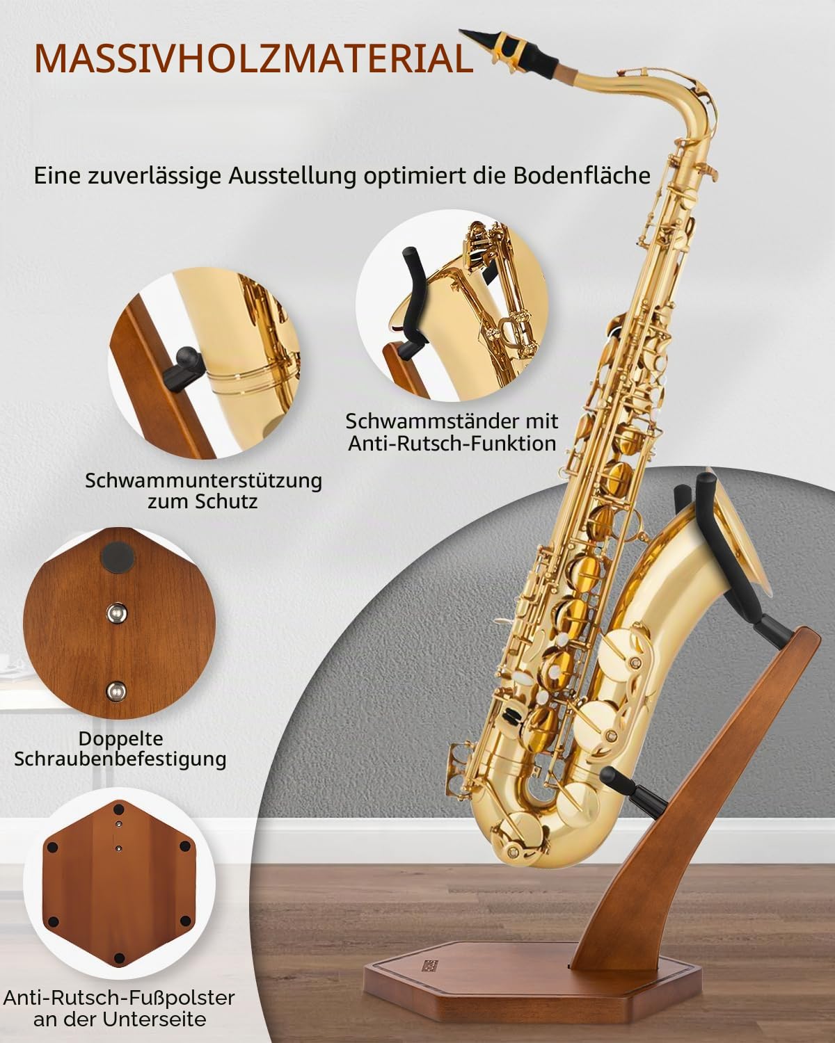 STRICH Holz-Saxophonständer für Alt-/Tenorsaxophon, Handgefertigter Massivholz-Bodenständer in Walnussfarbe Mit Schwerem, Beschwertem Sockel (FH-4, Sax)