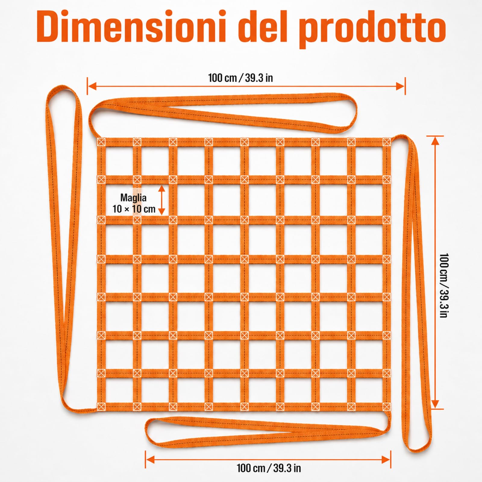 Rete di sollevamento, 1 x 1 m, rete sospesa, rete di sollevamento del carico in poliestere, 10 cm, carico a rete quadrata, 300 kg, rete di sollevamento sospesa per carico e scarico del carico
