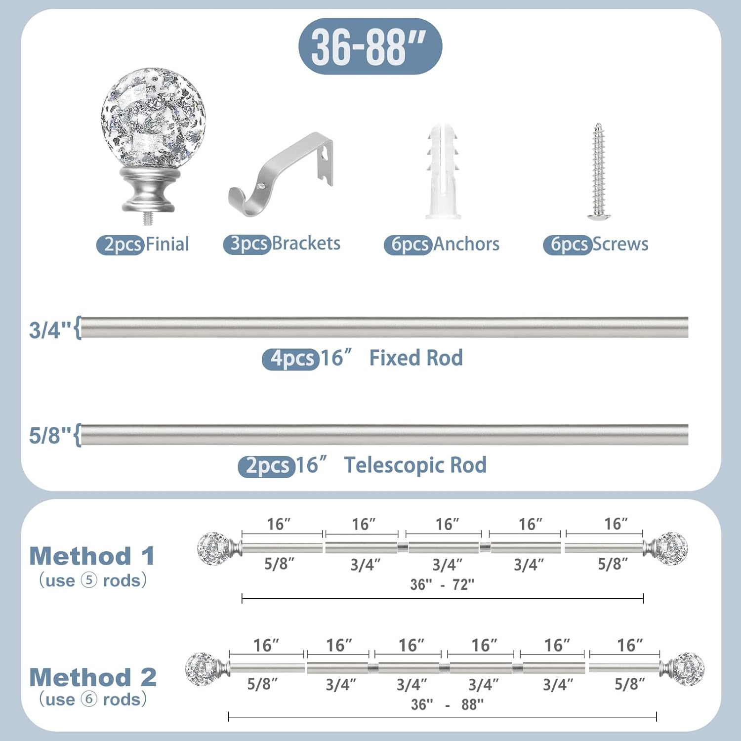 TVWOO Silver Decorative Crystal Curtain Rods:36-88 Inch Heavy Duty Adjustable Window Curtains Rods for Bedroom Living Room,Nickel Modern Girly Acrylic Drapery Rods Set with Sheer Bling Foil Finials