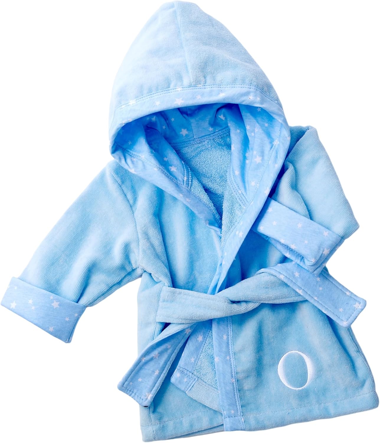 Personalization Universe Initial Blue Embroidered Baby Robe – Custom White Initial – Soft Terry Cloth – Hooded – Fits 0–6 Months – Machine Washable