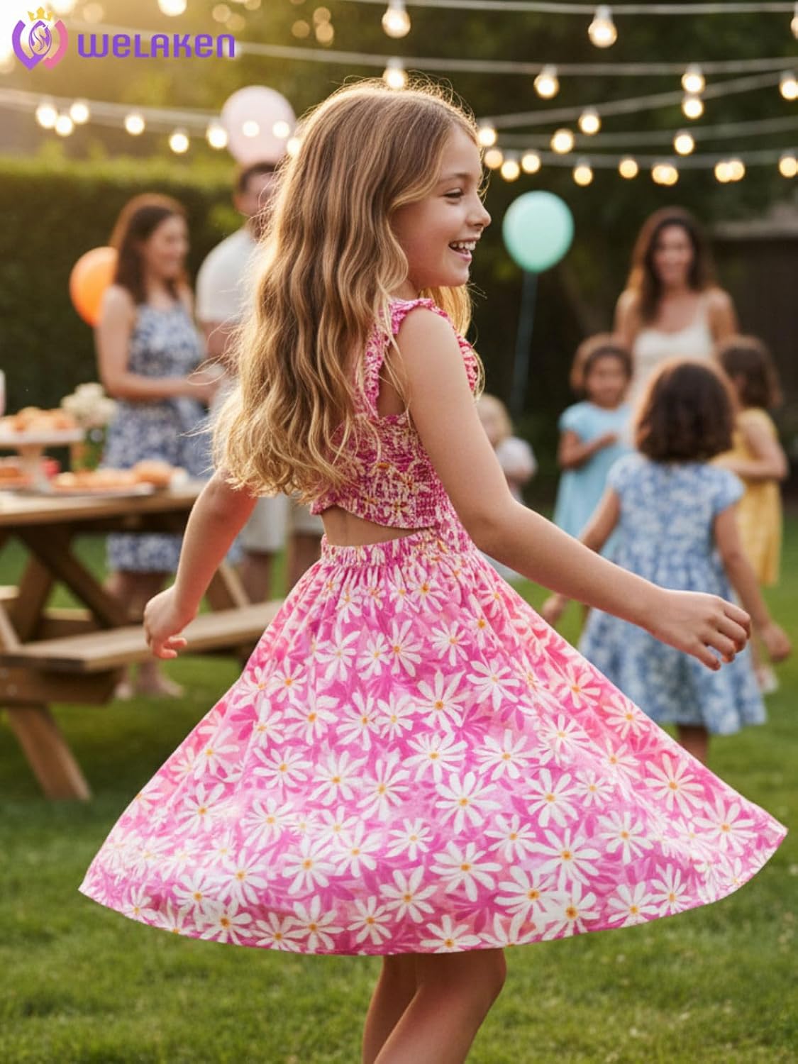 WELAKEN Girls Summer Sundress Criss Cross Back Ruffle Strap Elastic Waist Ruched Dress - Image 2