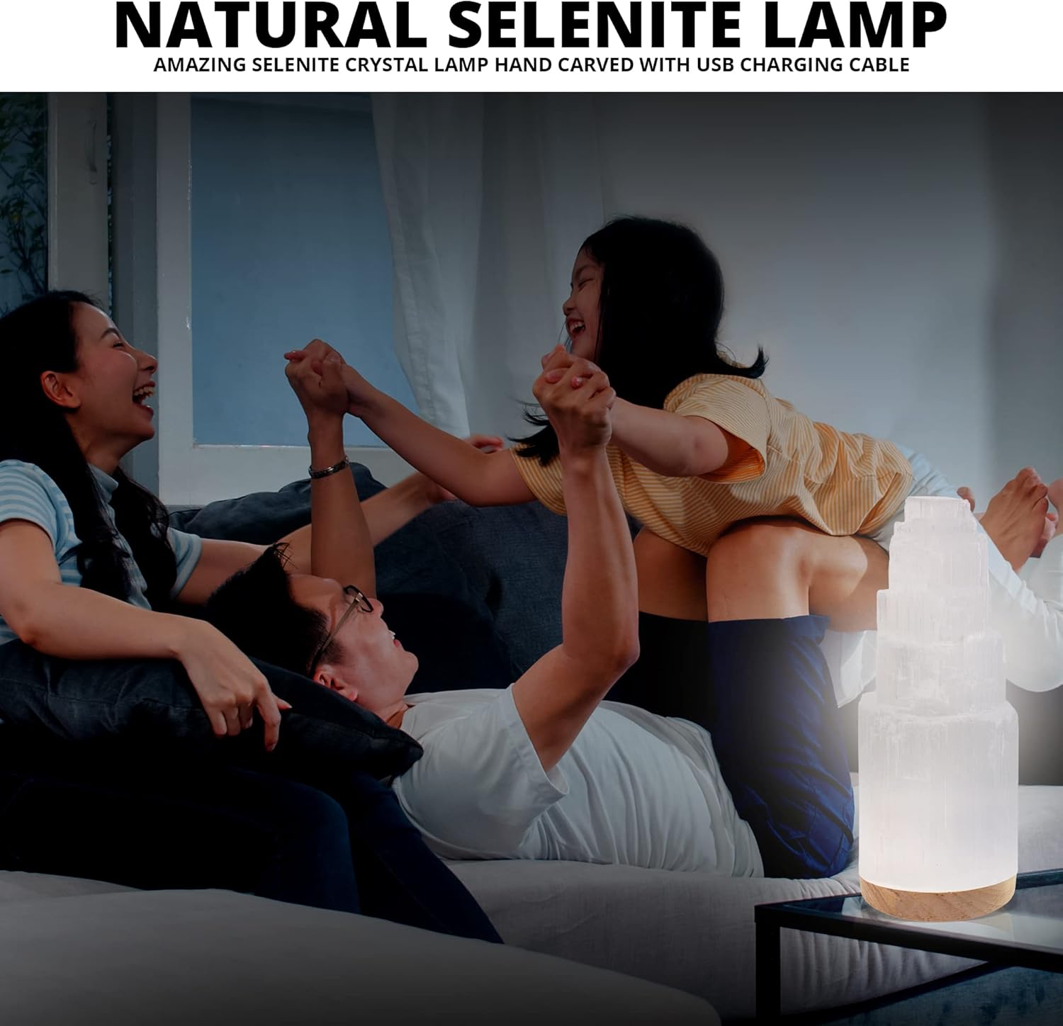 Selenite Crystal Lamp 20cm, Hand Crafted Wooden Base Moroccan Lamp, Selenite Lamp for Smudging, Healing & Meditation, Best for Gift (ETL Certified)