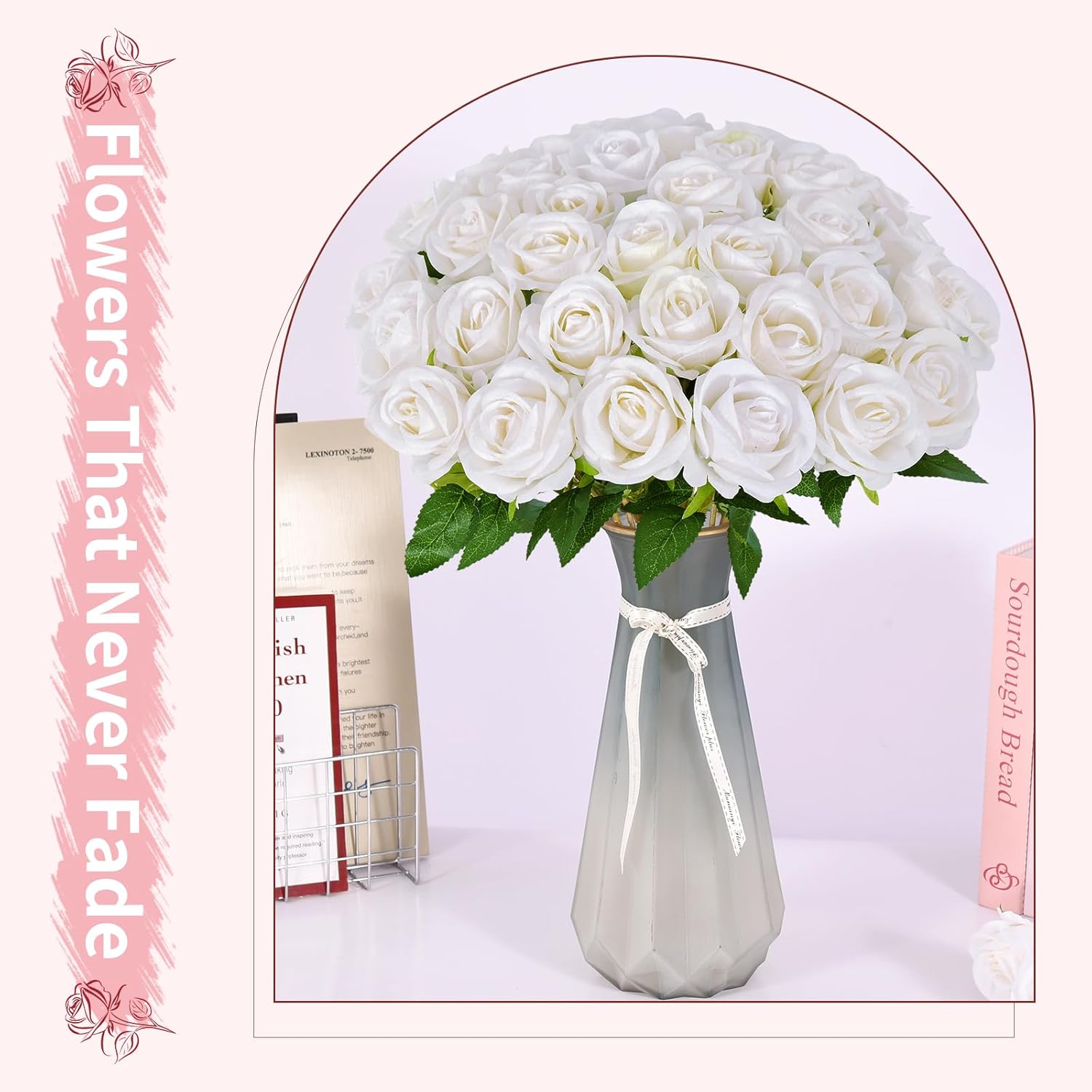 50 PCS White Roses Artificial Flowers, Fake White Roses Bouquet,White Artificial Silk Roses with Stems for DIY Wedding Flowers Decoration, Valentines Day Mothers Day, Bridal Bouquet Roses