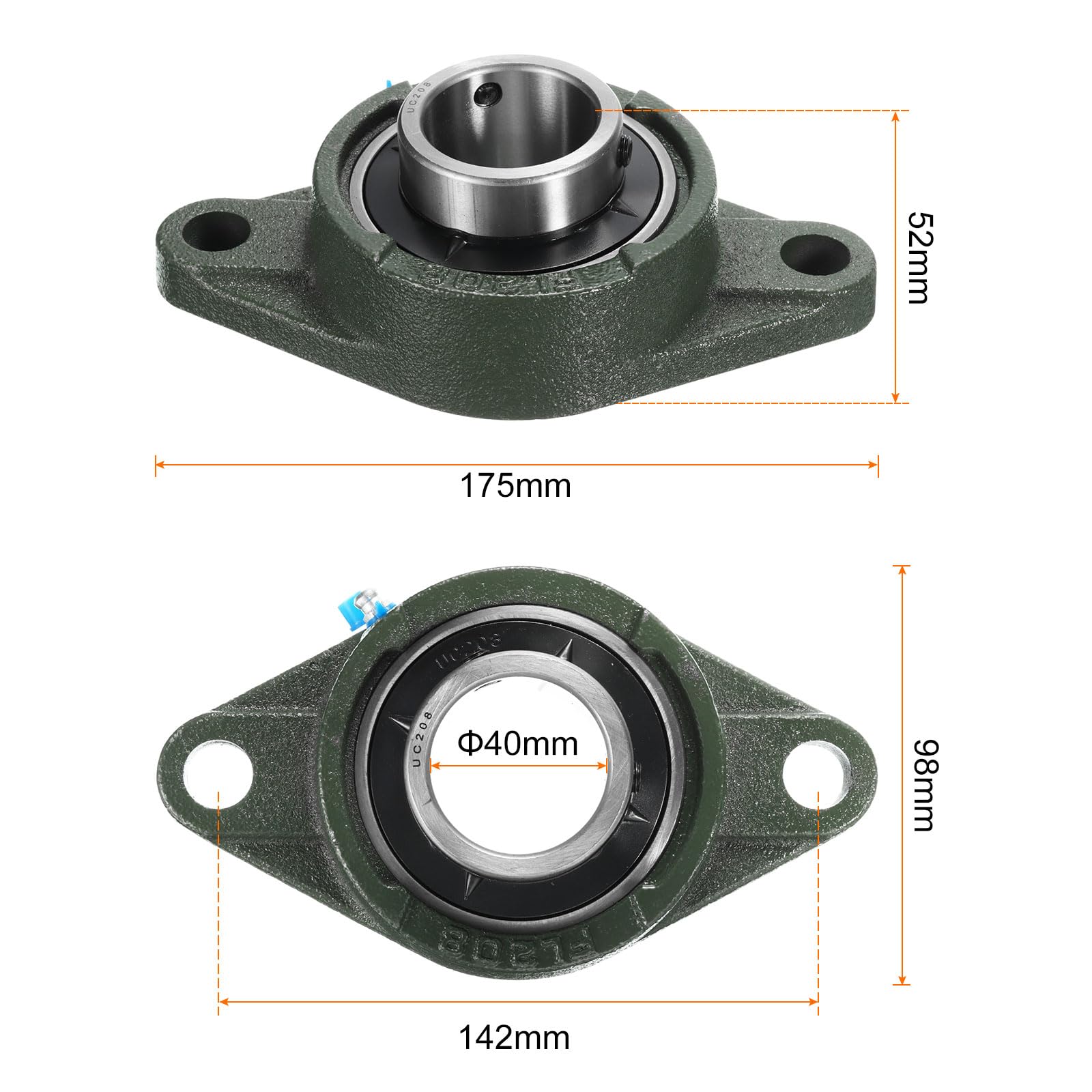 uxcell 2 rodamientos UCFL208 de bloque de almohada de 40 mm, autoalineación, rodamientos de acero cromado montado en base de hierro fundido sólido