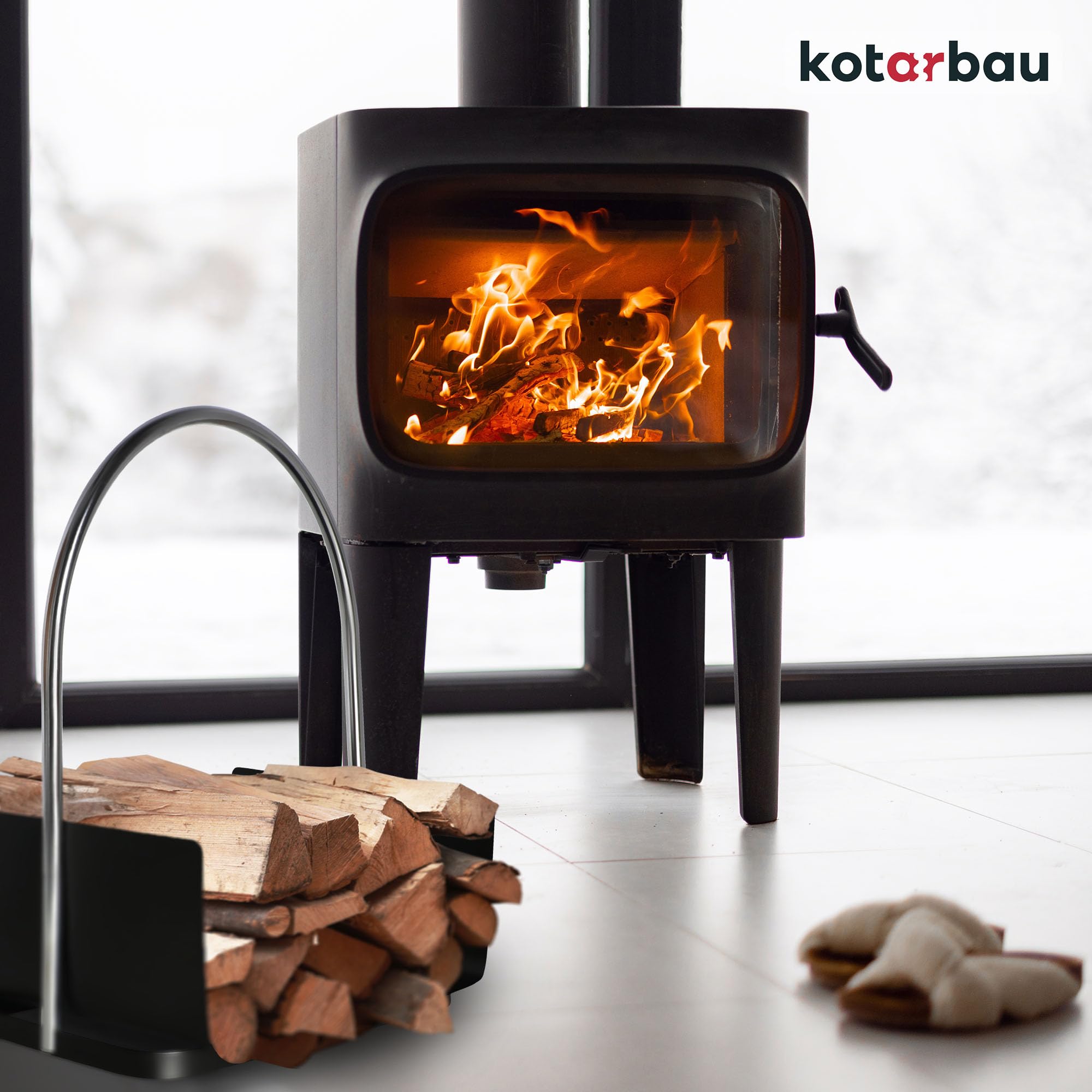KOTARBAU® Cesta Leña Chimenea - Acero - 41 x 52 cm - Negro - Leñero Interior - con Asa Ergonómica - Soporte Leña - Robusto - Decorativo