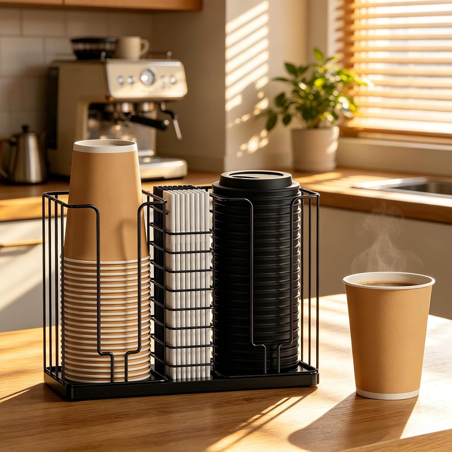 Coffee Cup & Lid Holder, All-Metal 3-Compartment Organizer Rack, 18oz Disposable Cup, Cup Lid and Straw Storage for Countertop, Coffee Bar, Kitchen, Office Breakroom