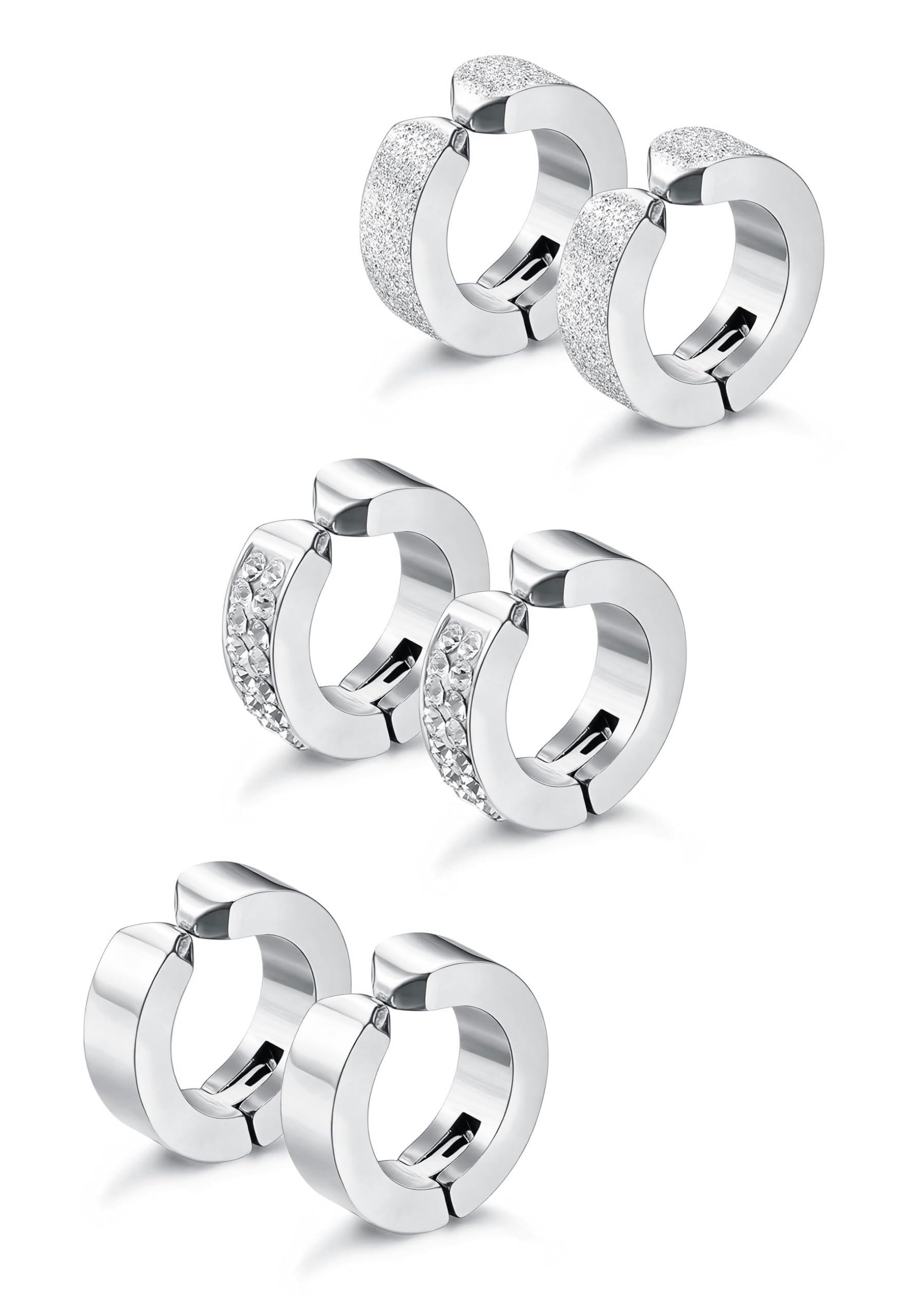 3 Pairs Stainless Steel Mens Womens Hoop Earrings Clip On CZ Non-Piercing, Stainless Steel Cubic Zirconia, Cubic Zirconia-image-48