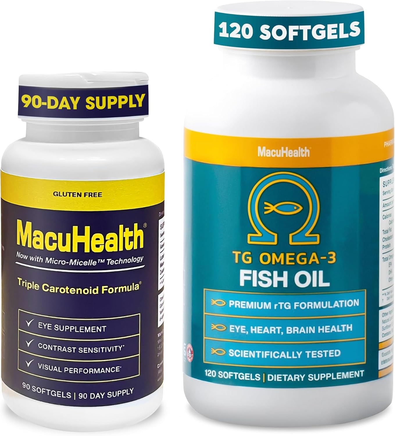 Macuhealth Triple Carotenoid Formula - Eye Vitamins for Adults, 90 Softgels (3-Month Supply) + Omega 3 Fish Oil - 1100mg DHA, 1100mg EPA, Triglyceride Formula, 120 Softgels for Overall Wellness