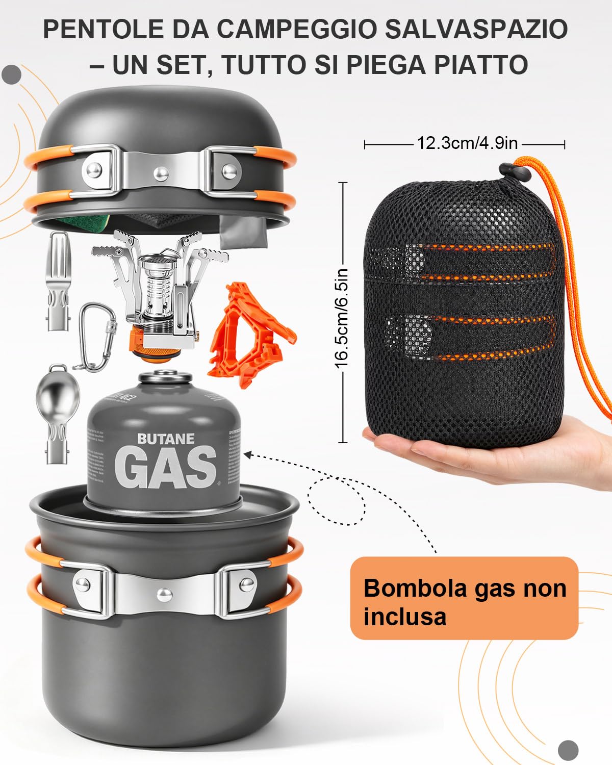 AUTOPkio Set di Pentole da Campeggio Ultraleggero Alluminio,10 Pezzi Cucina Portatile con Mini Stufa Gas, Posate Pieghevoli, Kit da Campeggio per 1-2 Persone, Zaino in Spalla, Escursionismo, Pesca
