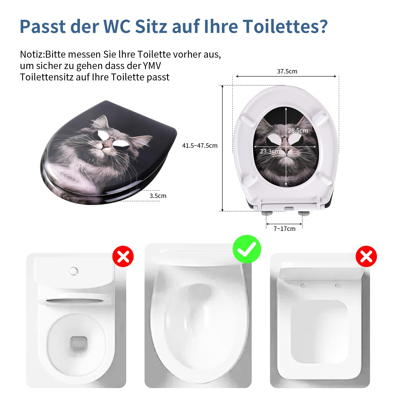 Toilettendeckel mit Absenkautomatik, WC Sitz mit Absenkautomatik Oval Form klodeckel Einfache Reinigung, Abnehmbarer WC-Sitz, 150kg belastbar, einfache Montage – Motiv: Schwarze Katze