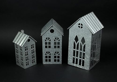 Miniatura 6 de Juego de 3 portavelas votivos de gran tamaño con forma de casa de campo de Navidad galvanizado de metal gris galvanizado - Perfecto para decoración