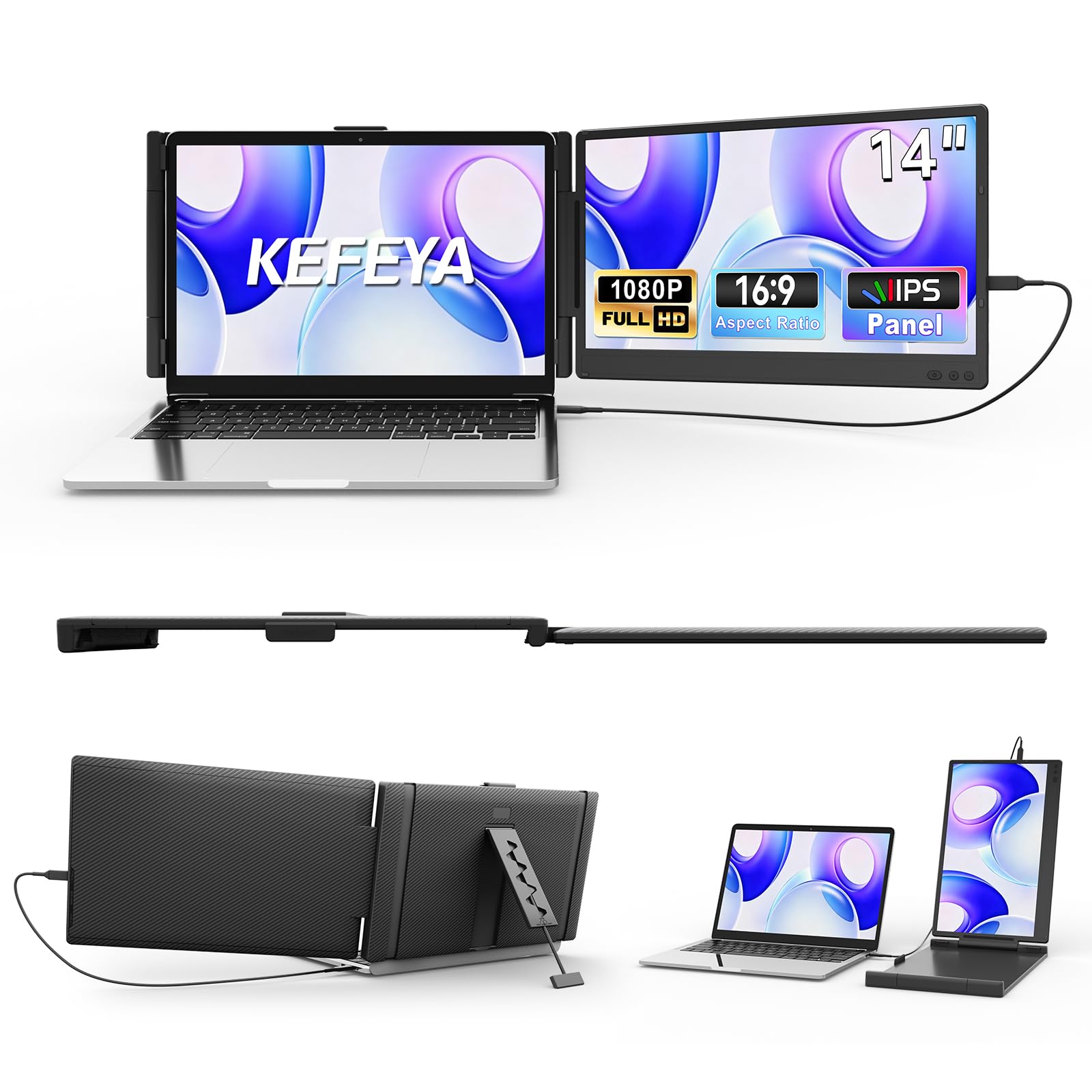 KEFEYA 14” Laptop Bildschirm Erweiterung FHD 1080P IPS Dual Screen Extender Laptop Monitor Erweiterung für Laptop 13"-17,3" mit USB-C/HDMI Plug & Play für Windows/Mac/Android/Switch /PS5