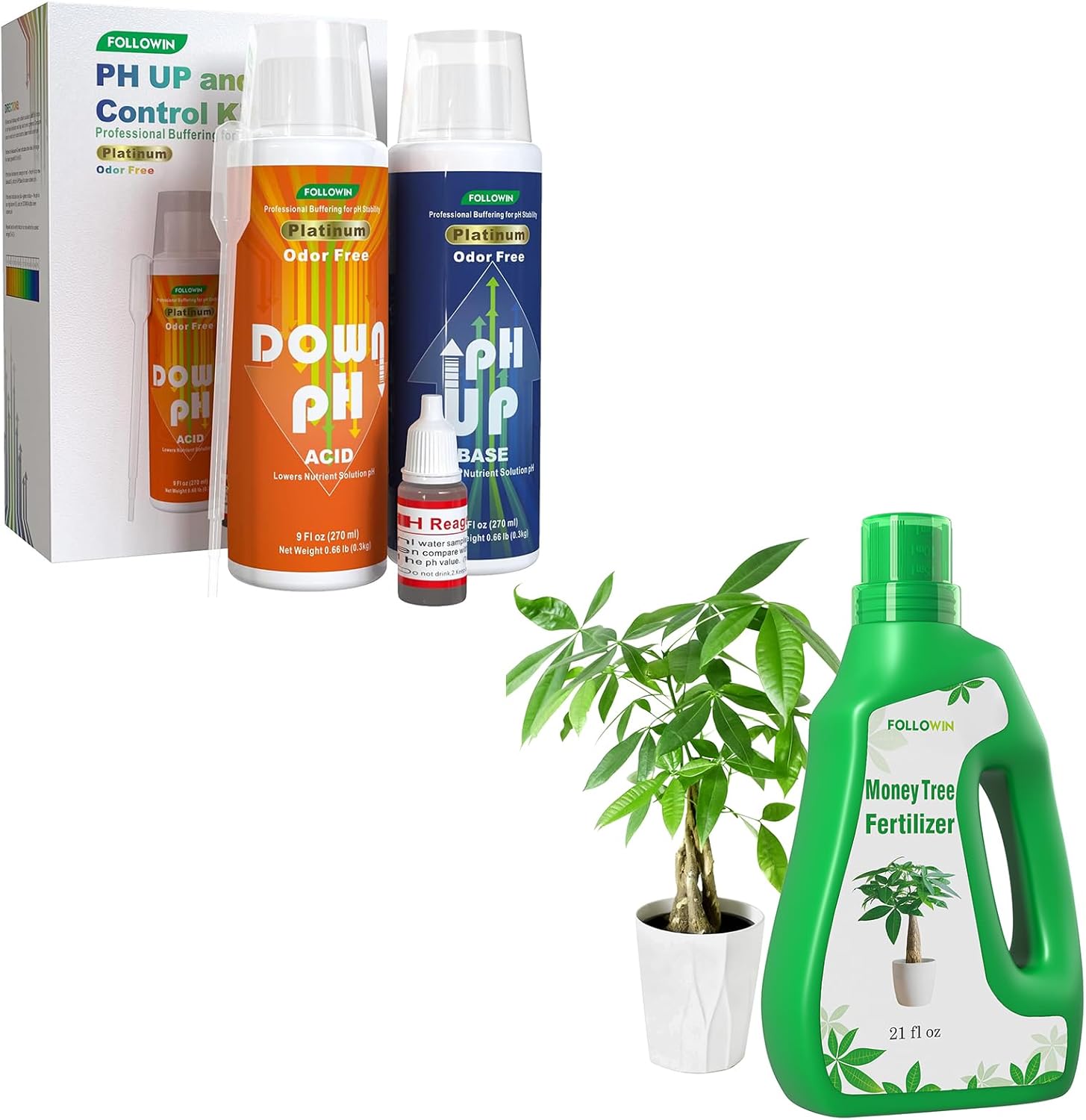 FOLLOWIN pH Up and Down Control Kit, Money Tree Fertilizer, Liquid Plant Food with NPK 3-1-2 for Lush Foliage & Strong Roots