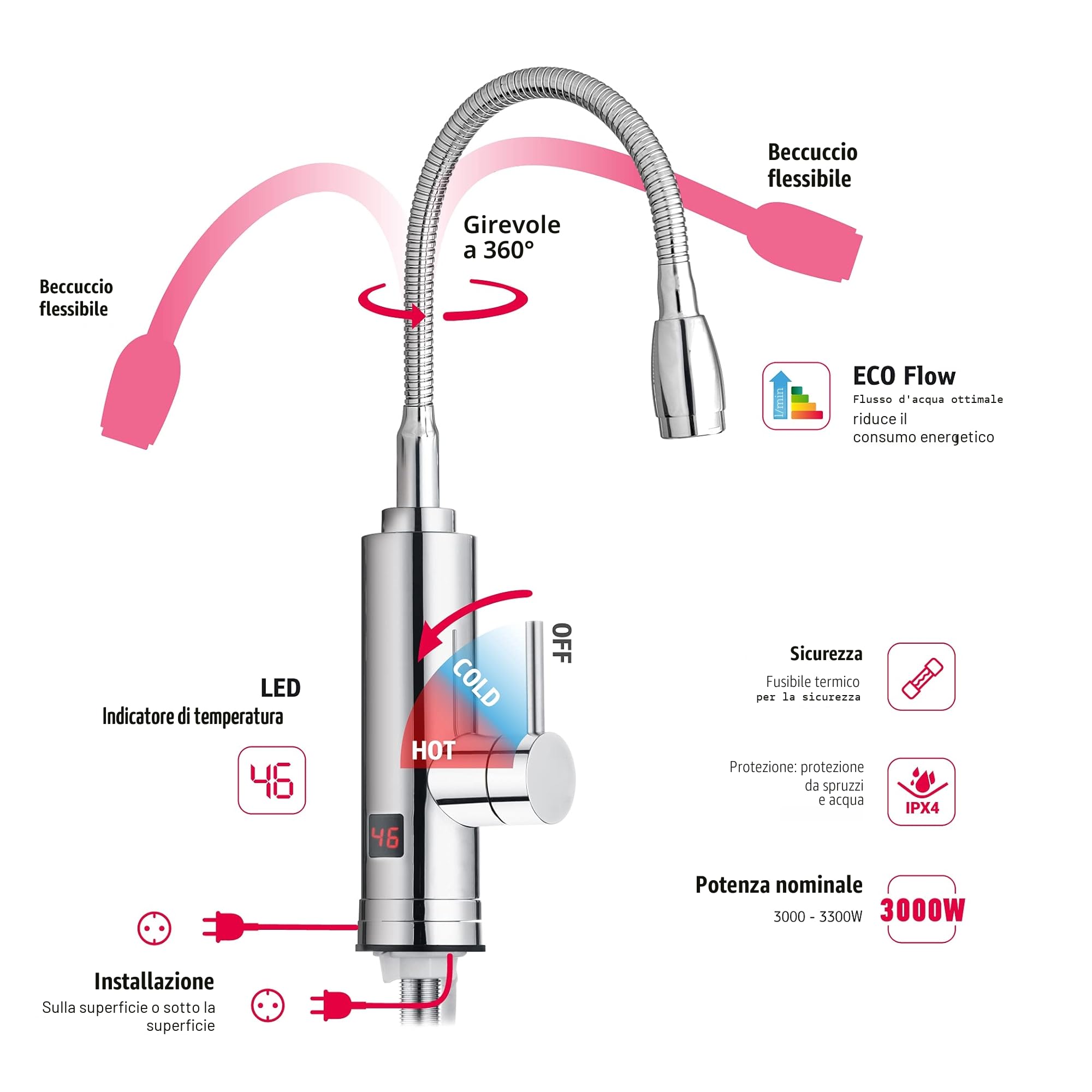 HOGART Rubinetto elettrico con scaldabagno 230 V per cucina, giardino, bagno, roulotte, campeggio, 2 accessori, riscaldamento intelligente, rubinetto con scaldabagno istantaneo, rubinetto acqua calda