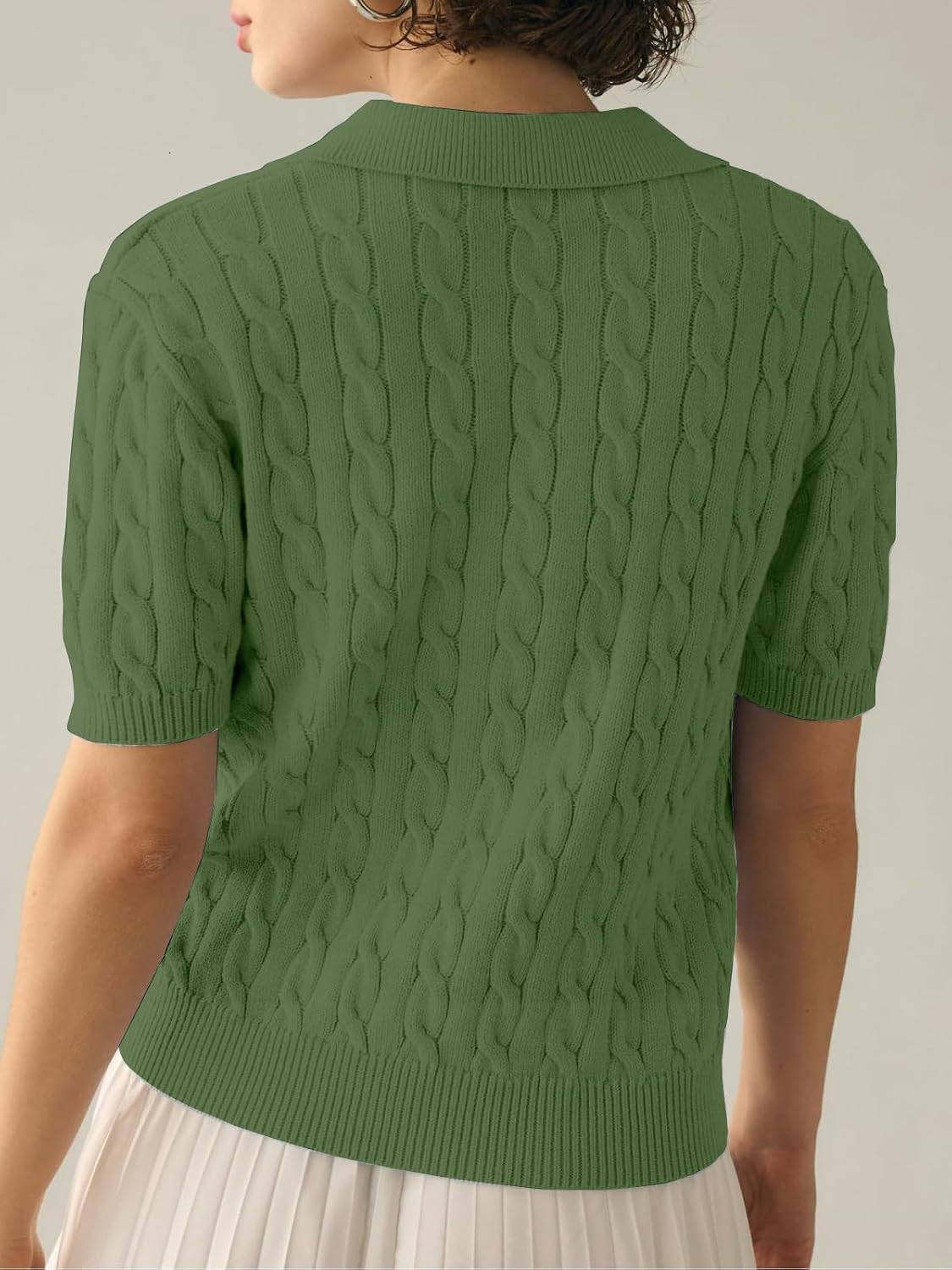 Women's Short Sleeve Sweaters V Neck Pullover Summer Tops Casual Solid Lapel Shirts Cable Knit Sweater - Image 3