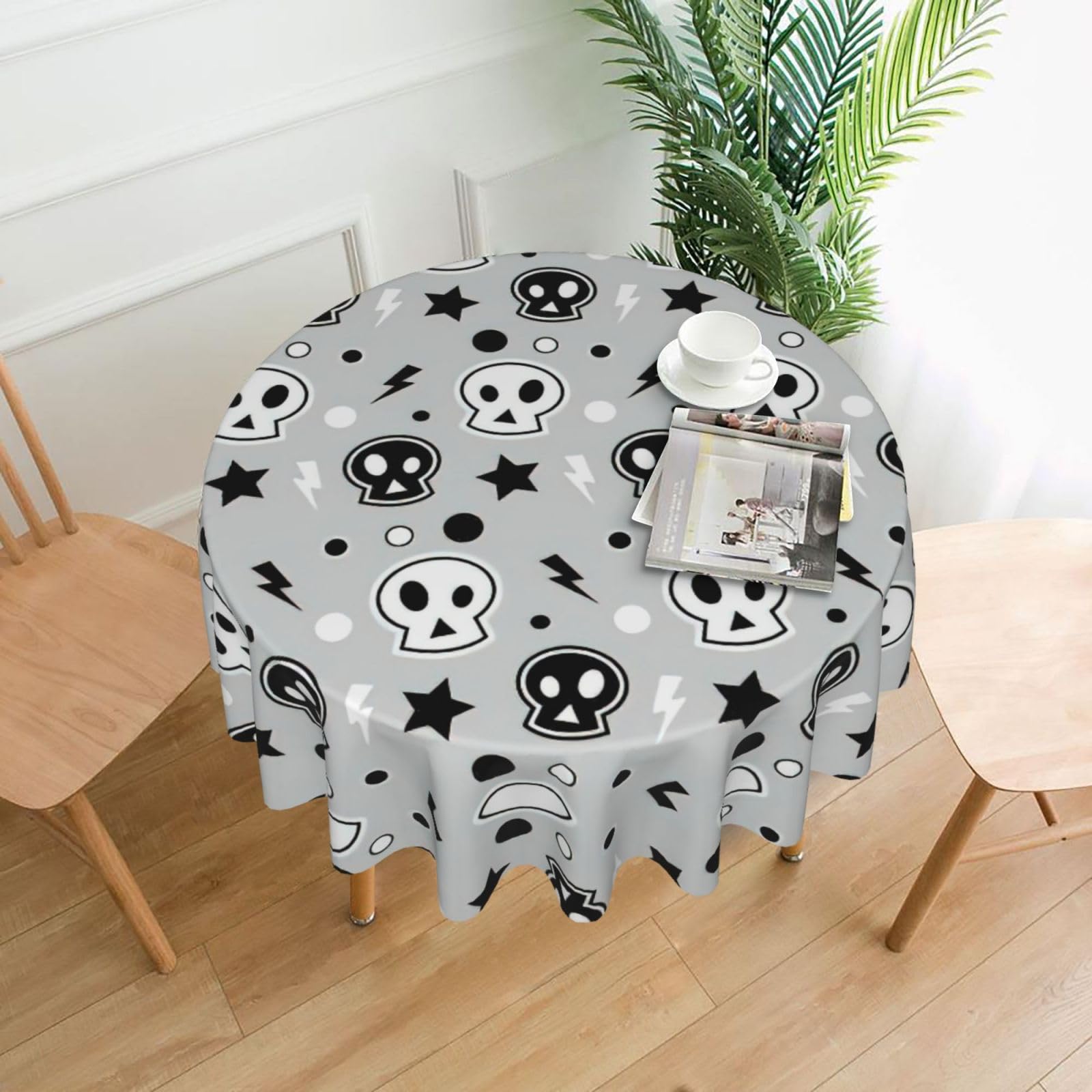 Zcmkjlg Skull and Stars Print Quick Ship Round Tablecloth 60in Polyester Washable Cover for Dining Room