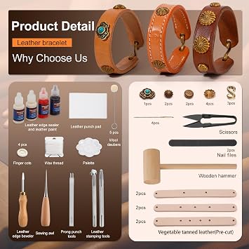 CBHGFEA Leather Crafting Kit: Leather Working Tools and Supplies for DIY Craft Beginners Stampi Dyeing Carving Sewing Edge Sealing with Video Tutorials, Crafting Tools with a Wristband Making Video